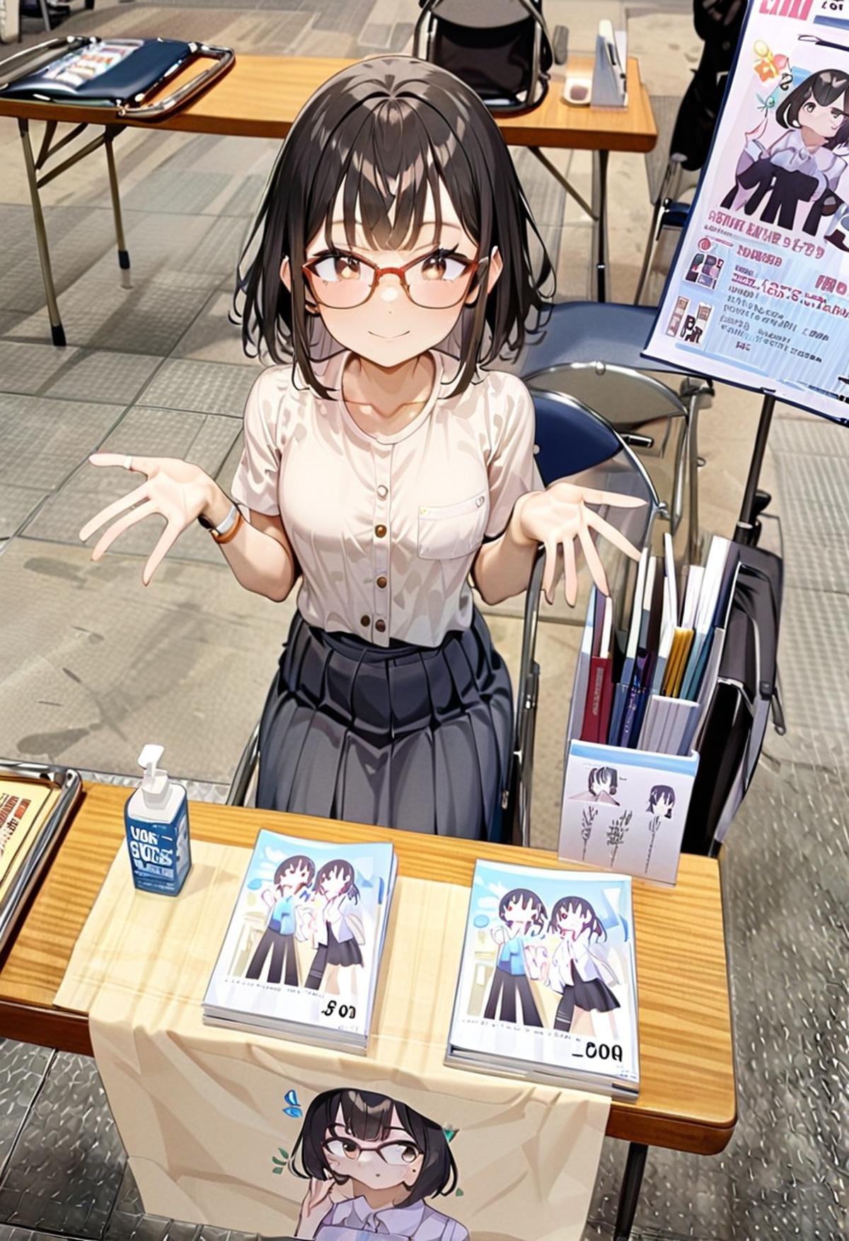 masterpiece, best quality, very aesthetic, absurdres,1girl, solo, glasses, black hair, medium hair, looking at viewer, smile, short sleeves, shirts, skirt, sitting,ccs, table, chair, book, poster (object), photo background<lora:comiket_circle_space_SDXL_V1:1>