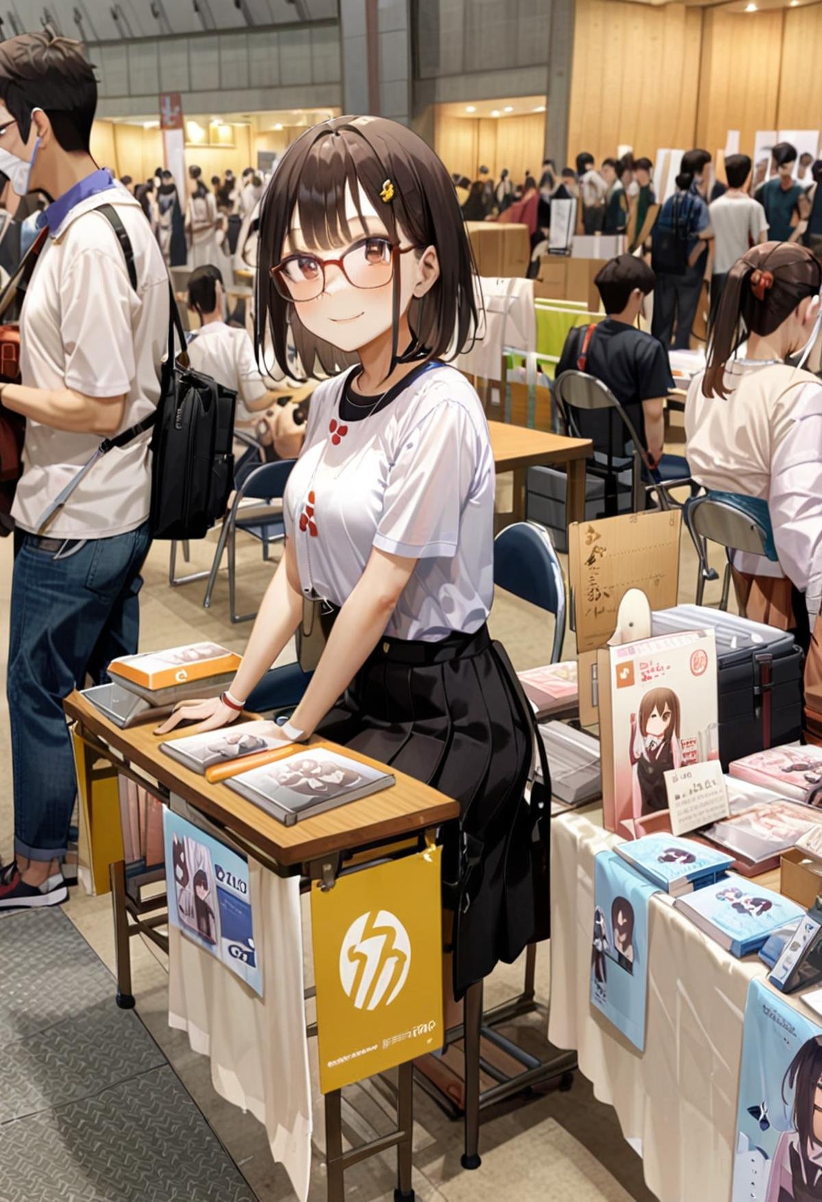 masterpiece, best quality, very aesthetic, absurdres,1girl, solo, glasses, black hair, medium hair, looking at viewer, smile, short sleeves, shirts, skirt, sitting,comiket, table, chair, book, indoors, bag, multiple boys, 6+boys, box, shirt, brown hair, realistic, multiple girls, black hair, real world location, white shirt, photo background<lora:comiket_circle_space_SDXL_V1:1>