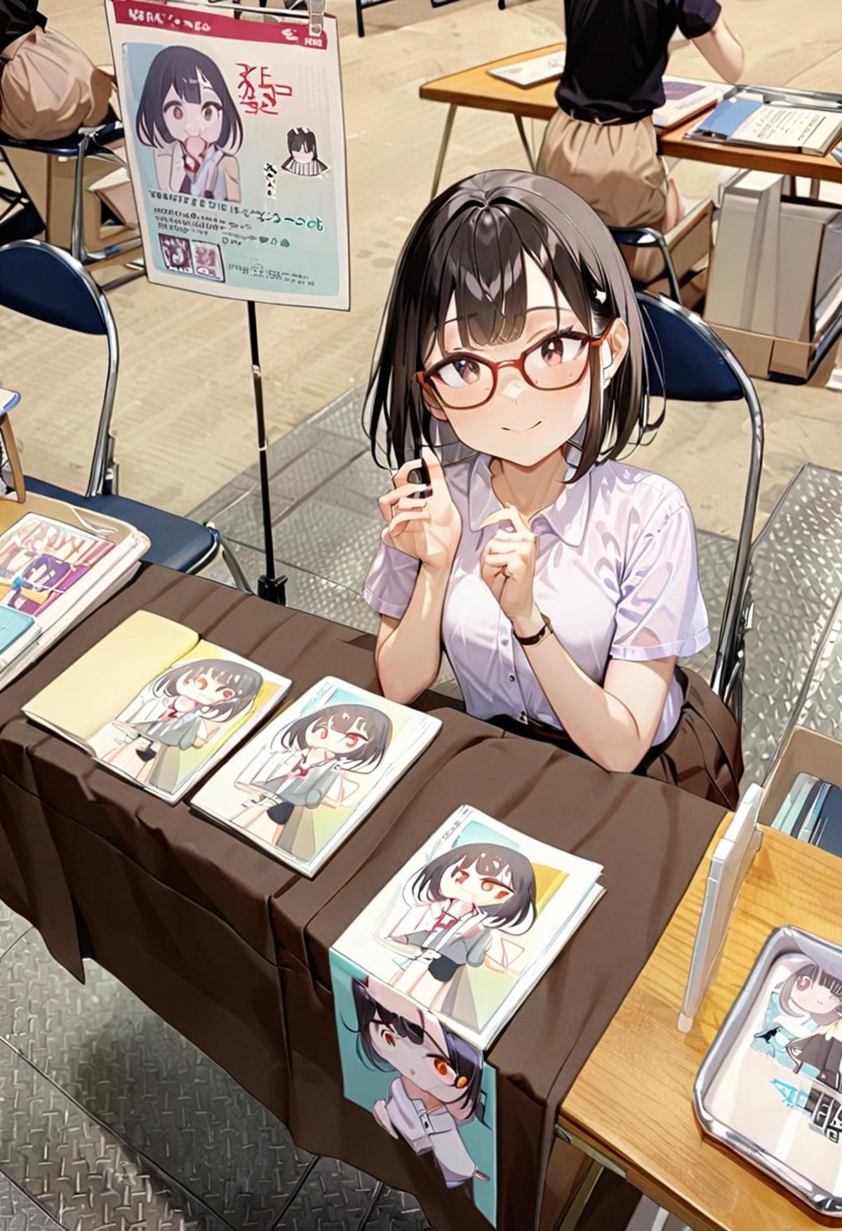 masterpiece, best quality, very aesthetic, absurdres,1girl, solo, glasses, black hair, medium hair, looking at viewer, smile, short sleeves, shirts, skirt, sitting,ccs, table, chair, book, poster (object), photo background<lora:comiket_circle_space_SDXL_V1:1>