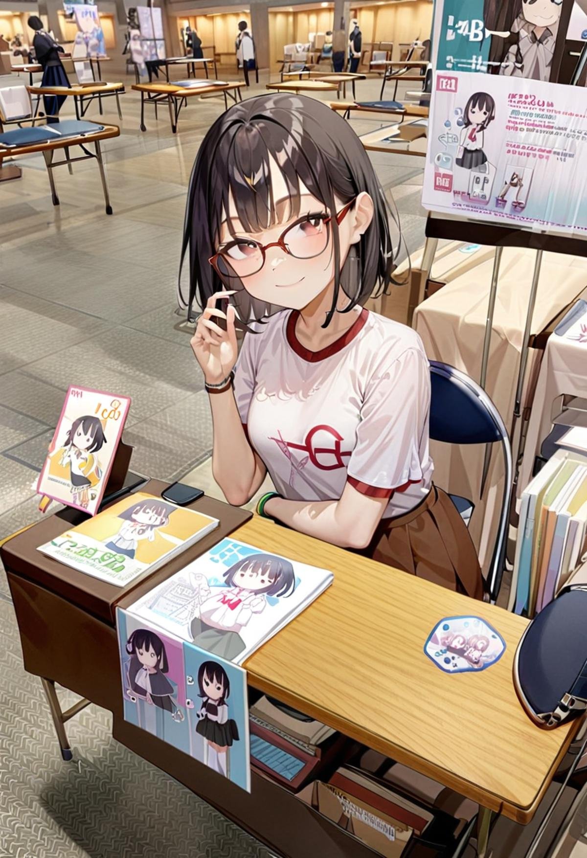 masterpiece, best quality, very aesthetic, absurdres,1girl, solo, glasses, black hair, medium hair, looking at viewer, smile, short sleeves, shirts, skirt, sitting,ccs, table, chair, book, poster (object), photo background<lora:comiket_circle_space_SDXL_V1:1>