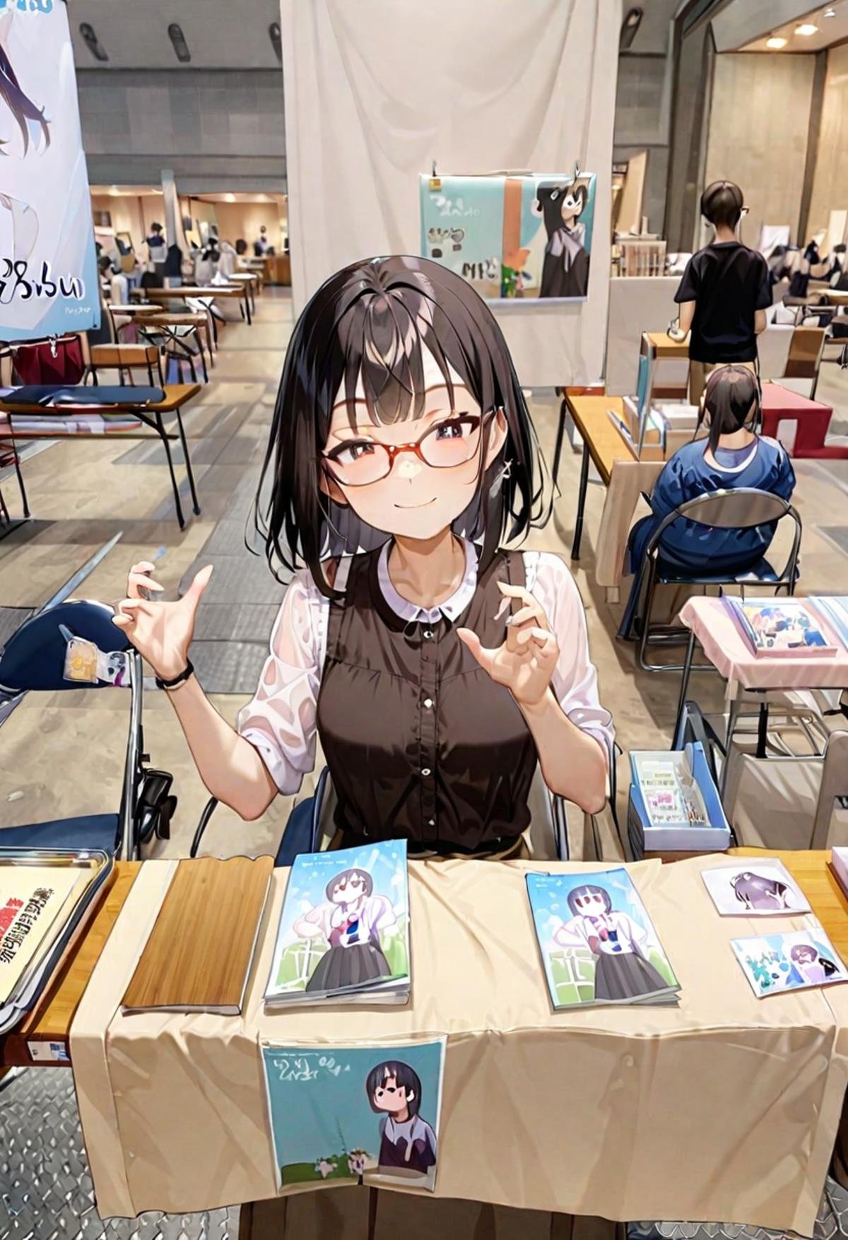 masterpiece, best quality, very aesthetic, absurdres,1girl, solo, glasses, black hair, medium hair, looking at viewer, smile, short sleeves, shirts, skirt, sitting,ccs, table, chair, book, poster (object), photo background<lora:comiket_circle_space_SDXL_V1:1>