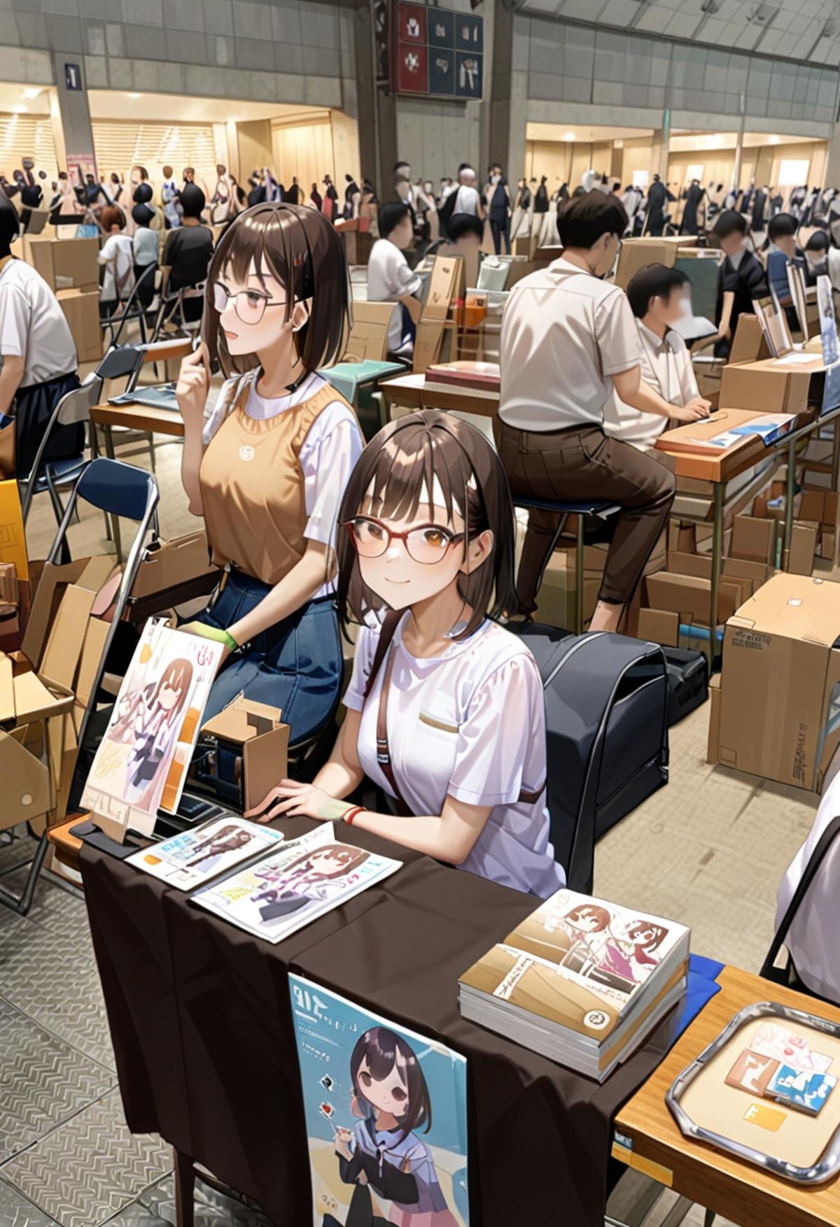 masterpiece, best quality, very aesthetic, absurdres,1girl, solo, glasses, black hair, medium hair, looking at viewer, smile, short sleeves, shirts, skirt, sitting,comiket, table, chair, book, indoors, bag, multiple boys, 6+boys, box, shirt, brown hair, realistic, multiple girls, black hair, real world location, white shirt, photo background<lora:comiket_circle_space_SDXL_V1:1>