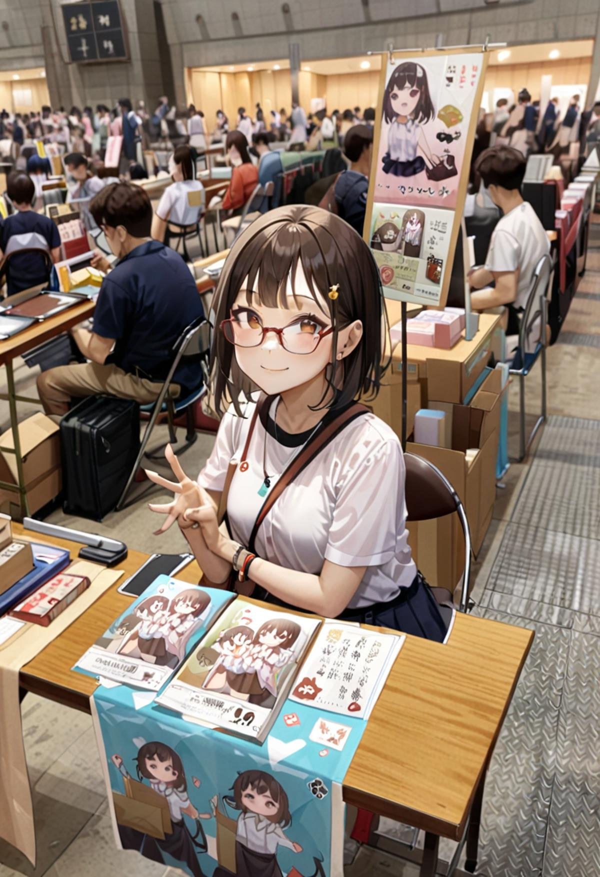 masterpiece, best quality, very aesthetic, absurdres,1girl, solo, glasses, black hair, medium hair, looking at viewer, smile, short sleeves, shirts, skirt, sitting,comiket, table, chair, book, indoors, bag, multiple boys, 6+boys, box, shirt, brown hair, realistic, multiple girls, black hair, real world location, white shirt, photo background<lora:comiket_circle_space_SDXL_V1:1>