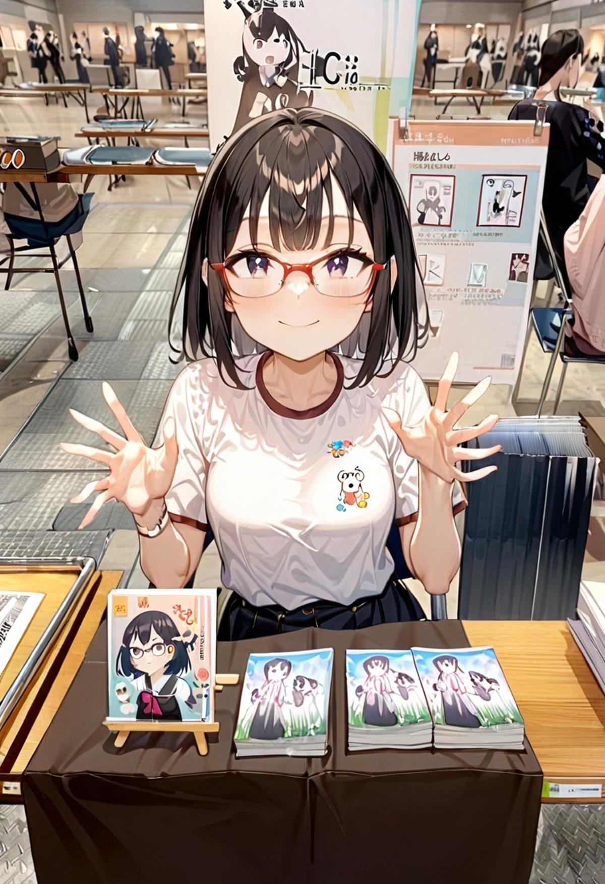 masterpiece, best quality, very aesthetic, absurdres,1girl, solo, glasses, black hair, medium hair, looking at viewer, smile, short sleeves, shirts, skirt, sitting,ccs, table, chair, book, poster (object), photo background<lora:comiket_circle_space_SDXL_V1:1>