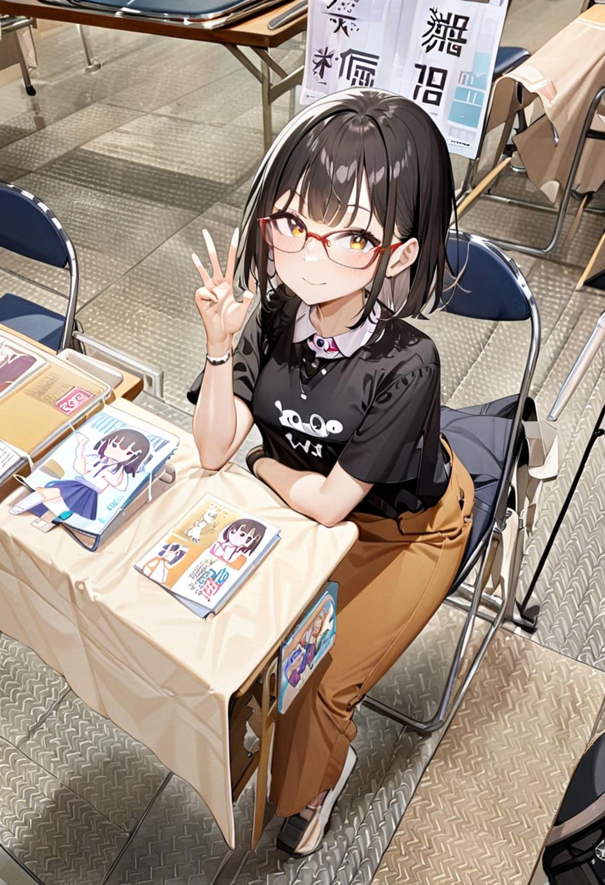 masterpiece, best quality, very aesthetic, absurdres,1girl, solo, glasses, black hair, medium hair, looking at viewer, smile, short sleeves, shirts, skirt, sitting,ccs, table, chair, book, table, indoors, poster (object), photo background<lora:comiket_circle_space_SDXL_V1:1>