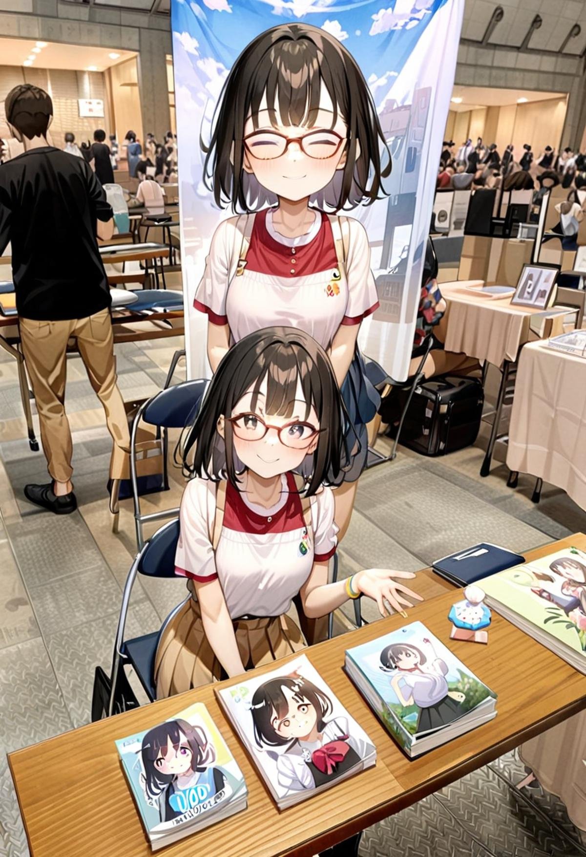 masterpiece, best quality, very aesthetic, absurdres,1girl, solo, glasses, black hair, medium hair, looking at viewer, smile, short sleeves, shirts, skirt, sitting,ccs, table, chair, book, poster (object), photo background, multiple boys, multiple girls, crowd, <lora:comiket_circle_space_SDXL_V1:1>