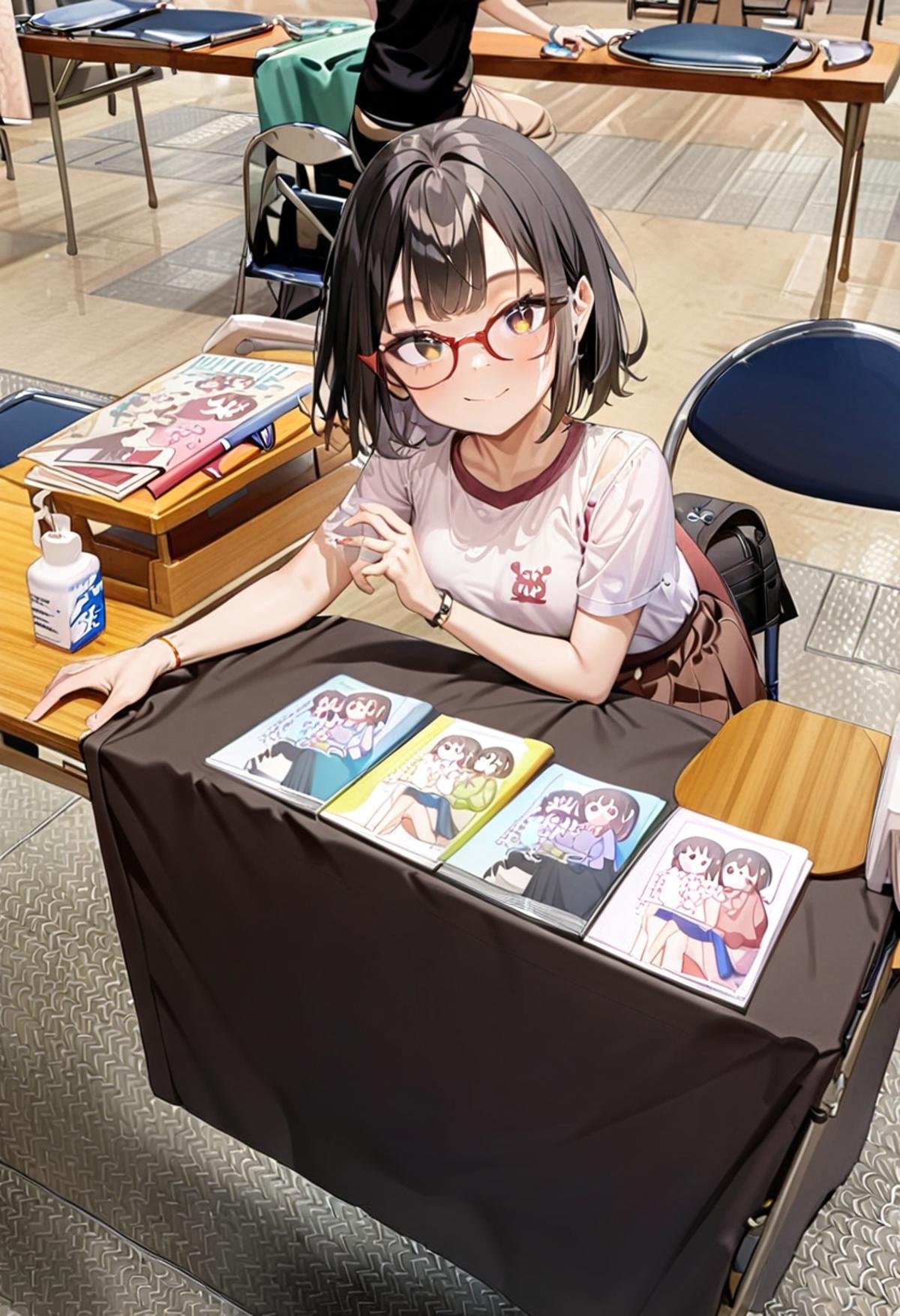 masterpiece, best quality, very aesthetic, absurdres,1girl, solo, glasses, black hair, medium hair, looking at viewer, smile, short sleeves, shirts, skirt, sitting,ccs, table, chair, book, table, indoors, poster (object), photo background<lora:comiket_circle_space_SDXL_V1:1>