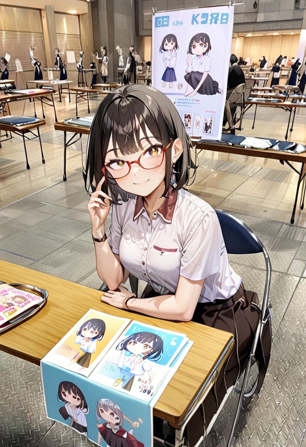 masterpiece, best quality, very aesthetic, absurdres,1girl, solo, glasses, black hair, medium hair, looking at viewer, smile, short sleeves, shirts, skirt, sitting,ccs, table, chair, book, poster (object), photo background<lora:comiket_circle_space_SDXL_V1:1>