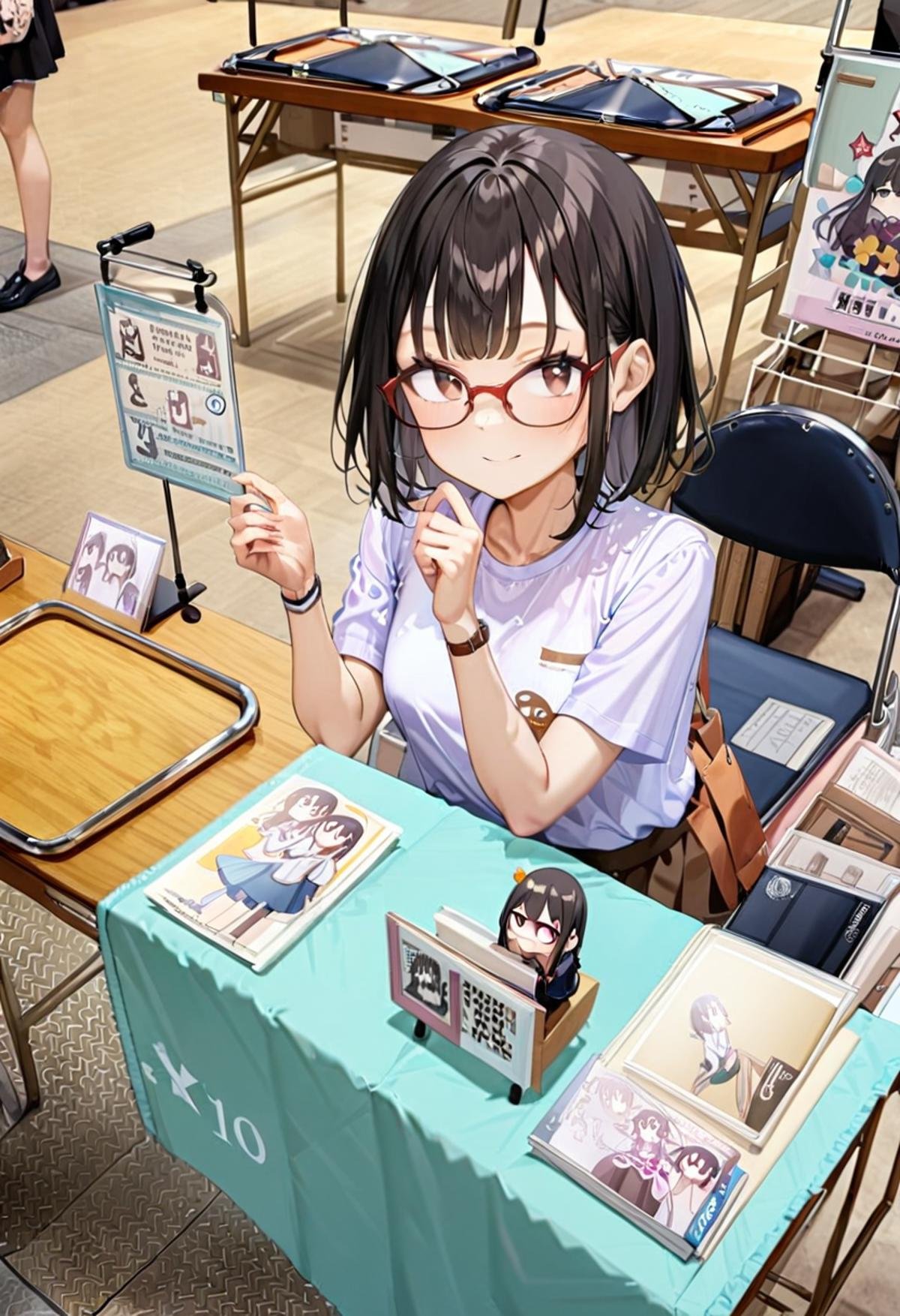 masterpiece, best quality, very aesthetic, absurdres,1girl, solo, glasses, black hair, medium hair, looking at viewer, smile, short sleeves, shirts, skirt, sitting,ccs, table, chair, book, table, indoors, poster (object), photo background<lora:comiket_circle_space_SDXL_V1:1>