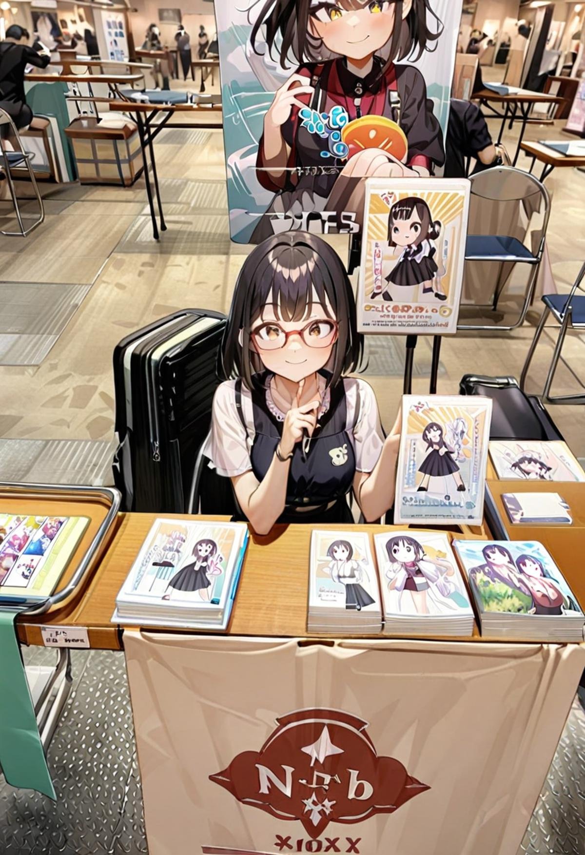 masterpiece, best quality, very aesthetic, absurdres,1girl, solo, glasses, black hair, medium hair, looking at viewer, smile, short sleeves, shirts, skirt, sitting,ccs, table, chair, book, poster (object), photo background<lora:comiket_circle_space_SDXL_V1:1>