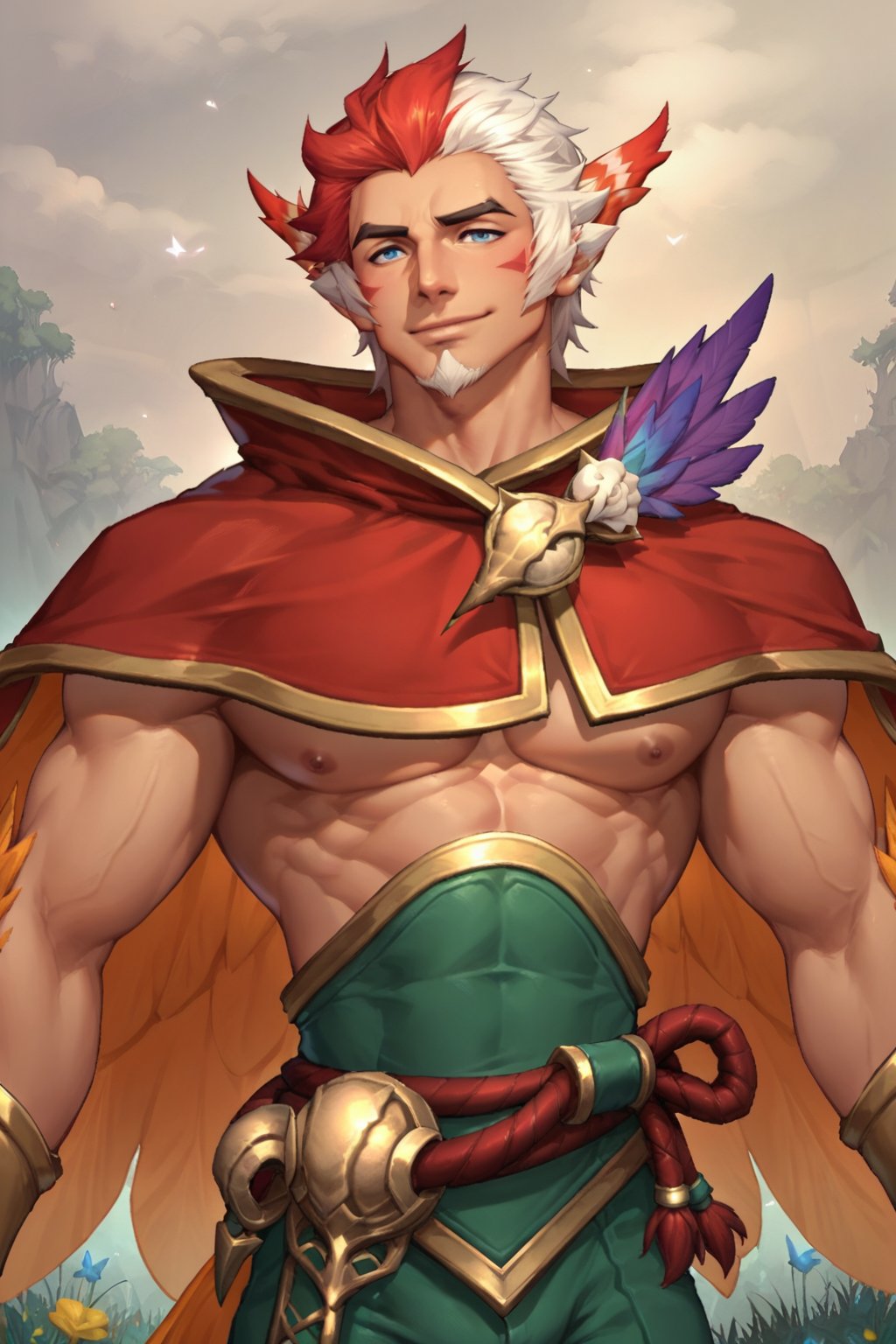 Rakan, score_9, score_8_up, score_7_up, score_6_up, bara, male, adult, masculine eyes, blue eyes, 1boy, cowboy_shot,upper body focus, upper body in frame,male focus, solo,masculine facial features,facial hair,red hair,white hair, multicolored hair, two-tone hair,muscular male,standing,thick arms,strong male,strong arms,thick thighs,abs,black eyebrows,pectorals,bara,
green pants, pants, cape,capelet, red capelet,feathers,bird tail,wings,face marks, grass, flowers, violet butterflies, pretty butterfly, smile, :)