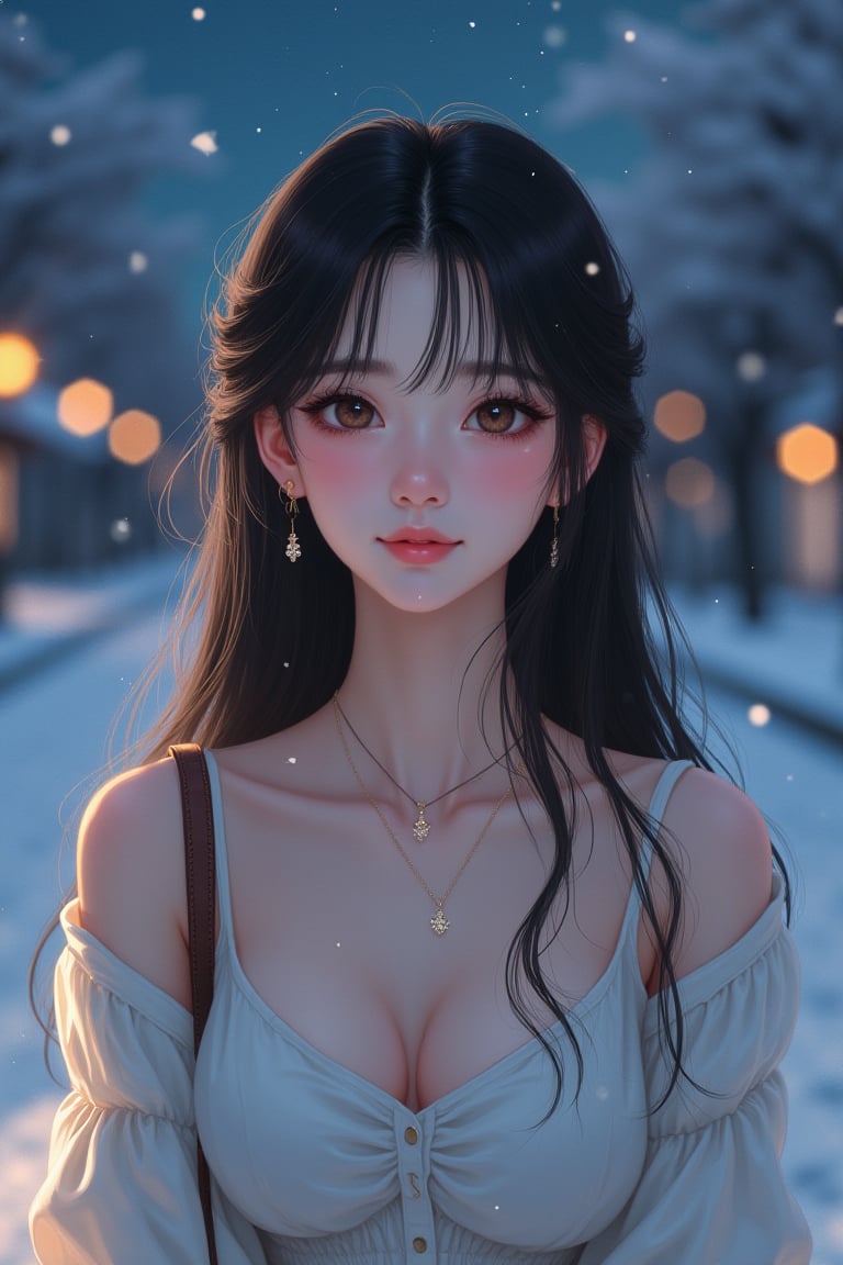 Beautiful and delicate light, (beautiful and delicate eyes), pale skin, big smile, brown eyes, black brown long hair, dreamy, c cup chest, 2000s (style), front shot, Asian girl, bangs, soft expression, height 170, elegance, bright smile, 8k art photo, realistic concept art, realistic, portrait, necklace, small earrings, handbag, fantasy, jewelry, shyness,  white_shirt, one piece dress, snowy street, footprints, stars_(sky), night_sky, ,JeeSoo,laoliang, ((realistic images)), UHD, 4K,