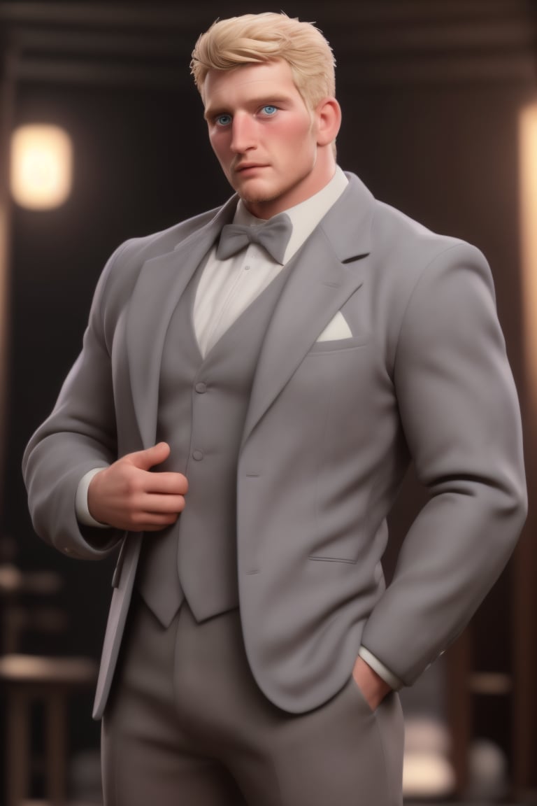 Ryder, a strong and handsome English man, stands firm, his focus intense. His symmetrical face features piercing blue eyes, defined facial hair, and blonde hair blending seamlessly with his beard. The dynamic pose showcases his muscular physique beneath the well-rendered black tuxedo, perfectly tailored to accentuate his masculine frame. Indoor lighting casts a warm glow on the elegant ballroom scene, where a faded crowd lingers in the background, subtly blurred by depth of field. In high-resolution scan, exceptional quality, UHD precision captures every detail, as if shot by Associated Press for a professional photo, with a matte finish that exudes refinement and sophistication.