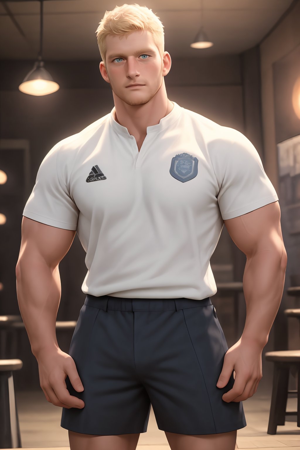  muscular Ryder, a rugged individual with blonde facial hair and short hair, sits proudly at the pub, surrounded by the warm glow of golden lighting. His rugby shirt and shorts are perfectly rendered in exquisite detail, as if seen through a high-definition lens. Faded team mates mingle softly in the background, their faces blurred to emphasize Ryder's central presence. The matte finish enhances the overall realism, inviting viewers to step into this epic scene.