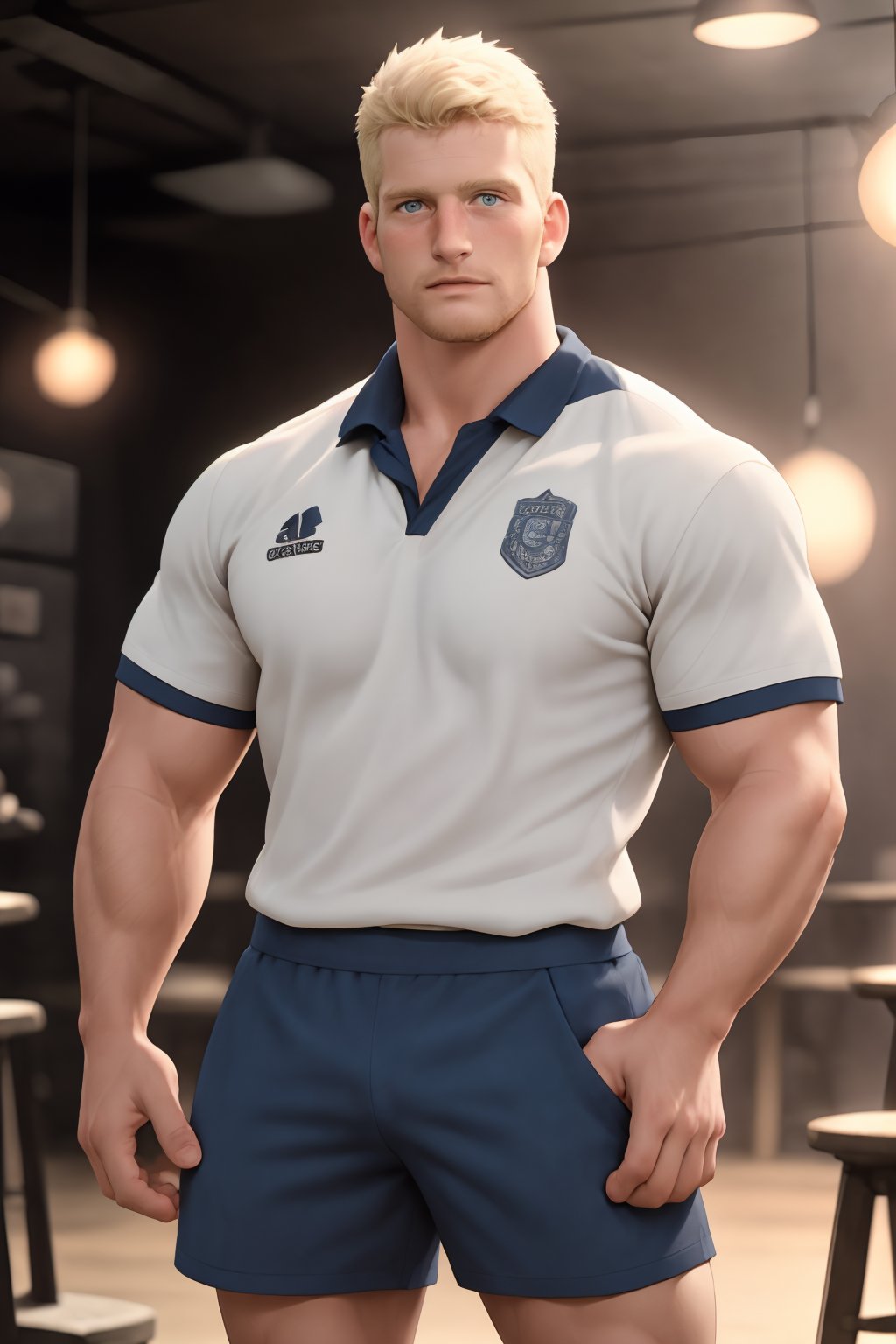  muscular Ryder, a rugged individual with blonde facial hair and short hair, sits proudly at the pub, surrounded by the warm glow of golden lighting. His rugby shirt and shorts are perfectly rendered in exquisite detail, as if seen through a high-definition lens. Faded team mates mingle softly in the background, their faces blurred to emphasize Ryder's central presence. The matte finish enhances the overall realism, inviting viewers to step into this epic scene.