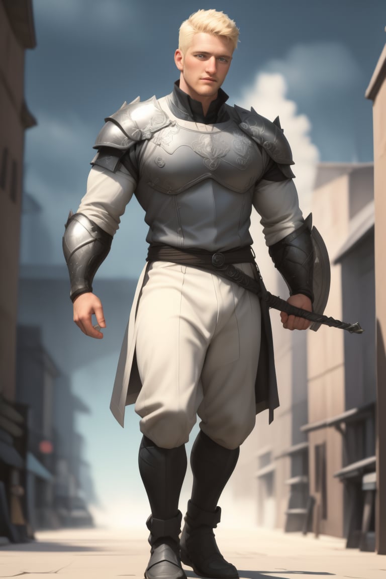 his name is ryder, he is a muscular large towering brave English knight, wearing well-rendered fully-clothed masculine knightwear full armored, knight armored pants on, large knight boots on, dynamic pose, holding sword, wielding sword, realistic wielding sword movement, uhd, realistic, professional photo, entertaining, highres, BEST QUALITY, vibrant, faded fantasy landscape, exceptional fantastic realism masterpiece, rendered in Unreal Engine, ray-tracing reflections,