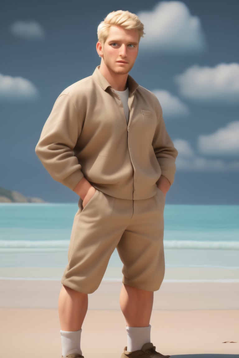 his name is ryder, firm focused on ryder he is a realistic well-drawn masculine muscular English man, symmetric intricate male head face blueyes facialhair hair skin, blonde hair, blonde beard, dynamic pose, wearing well-rendered fully-clothed masculine male military jacket on, undershirt on, male shorts on, socks on, masculine large sneakers on, vibrant, vivid, creative, outdoors, tropical beach landscape in background, depth of field, highres image scan, best quality, associated press, uhd, exceptional masterpiece, professional photo, matte,HIGHLY DETAILED