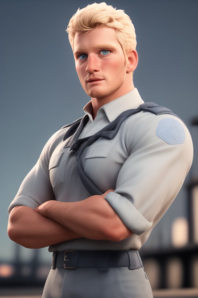 Ryder stands firmly with a dynamic pose, his realistic, well-drawn masculine features prominent. His blue eyes gaze intensely as he sports blonde hair and beard. He wears a fully- clothed male policeman uniform, complete with a crisp shirt and pants, against the London landscape's depth of field. The high-resolution image is a masterpiece of professional photography, showcasing exceptional detail in UHD quality.