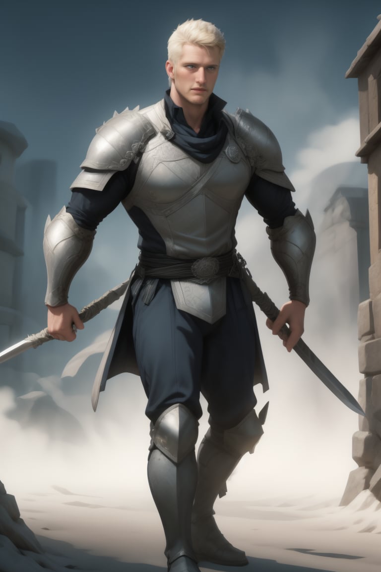 his name is ryder, he is a muscular large towering brave English knight, wearing well-rendered fully-clothed masculine knightwear full armored, knight armored pants on, large knight boots on, dynamic pose, holding sword, wielding sword, realistic wielding sword movement, uhd, realistic, professional photo, entertaining, highres, BEST QUALITY, vibrant, faded fantasy landscape, exceptional fantastic realism masterpiece, rendered in Unreal Engine, ray-tracing reflections,