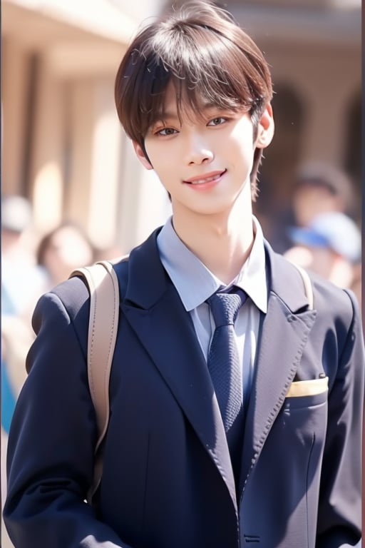 busty and handsome boy, 8k, masterpiece, ultra-realistic, best quality, high resolution, high definition, 1boy, school uniform, school boy, backpack, smile,Hujie,solo