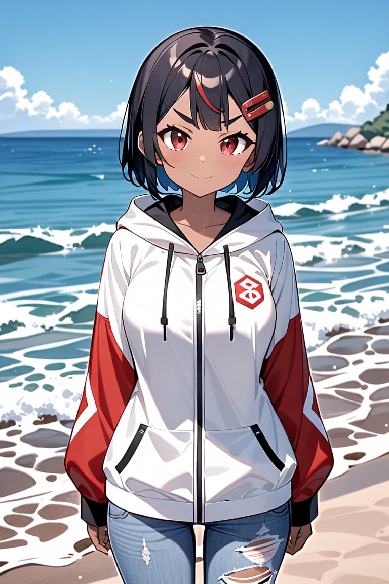 score_9, score_8_up, score_7_up, rating_safe, absurdres, masterpiece, source_anime, ((standing)), (((cowboy shot))), 
(((from front, front view, front focus))), (((seaside))), 
1girl, solo, KUON, short hair, (((black hair))), blue inner hair, tsurime, ((red hairclip)), red eyes, thick eyebrows, dark skin, large brests, summer parka, summer jeans