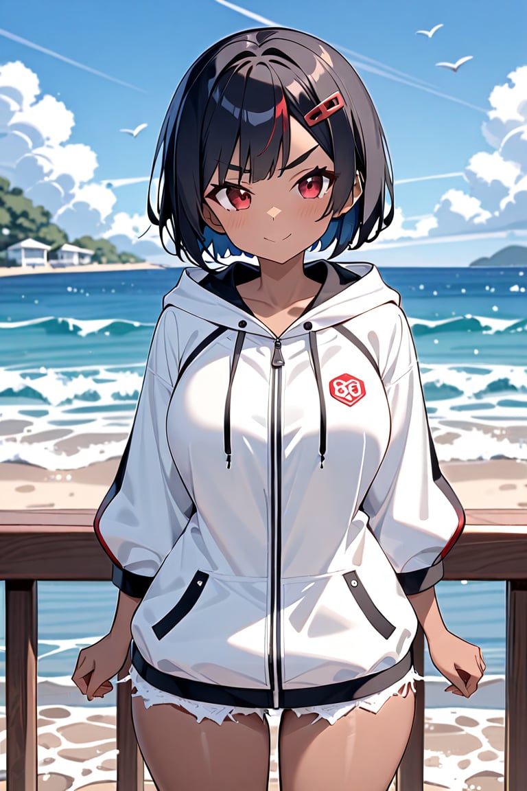 score_9, score_8_up, score_7_up, rating_safe, absurdres, masterpiece, source_anime, ((standing)), (((cowboy shot))), 
(((from front, front view, front focus))), (((seaside))), 
1girl, solo, KUON, short hair, (((black hair))), blue inner hair color, tsurime, ((red hairclip)), red eyes, thick eyebrows, dark skin, large brests, summer parka, summer jeans