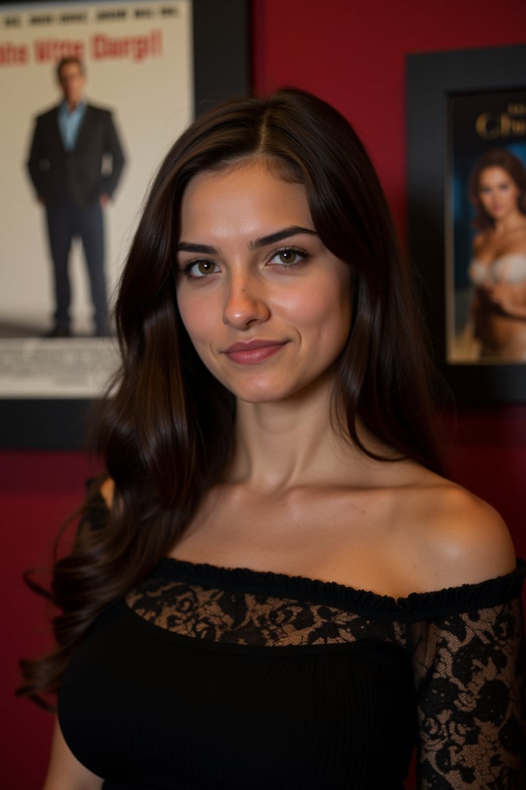  A young woman stands confidently against a movie poster backdrop, her gaze directed straight at the camera, exuding an air of confidence and allure, She wears a black top with a lace pattern, her features softly highlighted by even lighting, Off-center placement draws the viewer's eye towards her, while a subtle hint of a man in the background adds depth to the scene, The movie poster suggests a possible movie theater setting, 