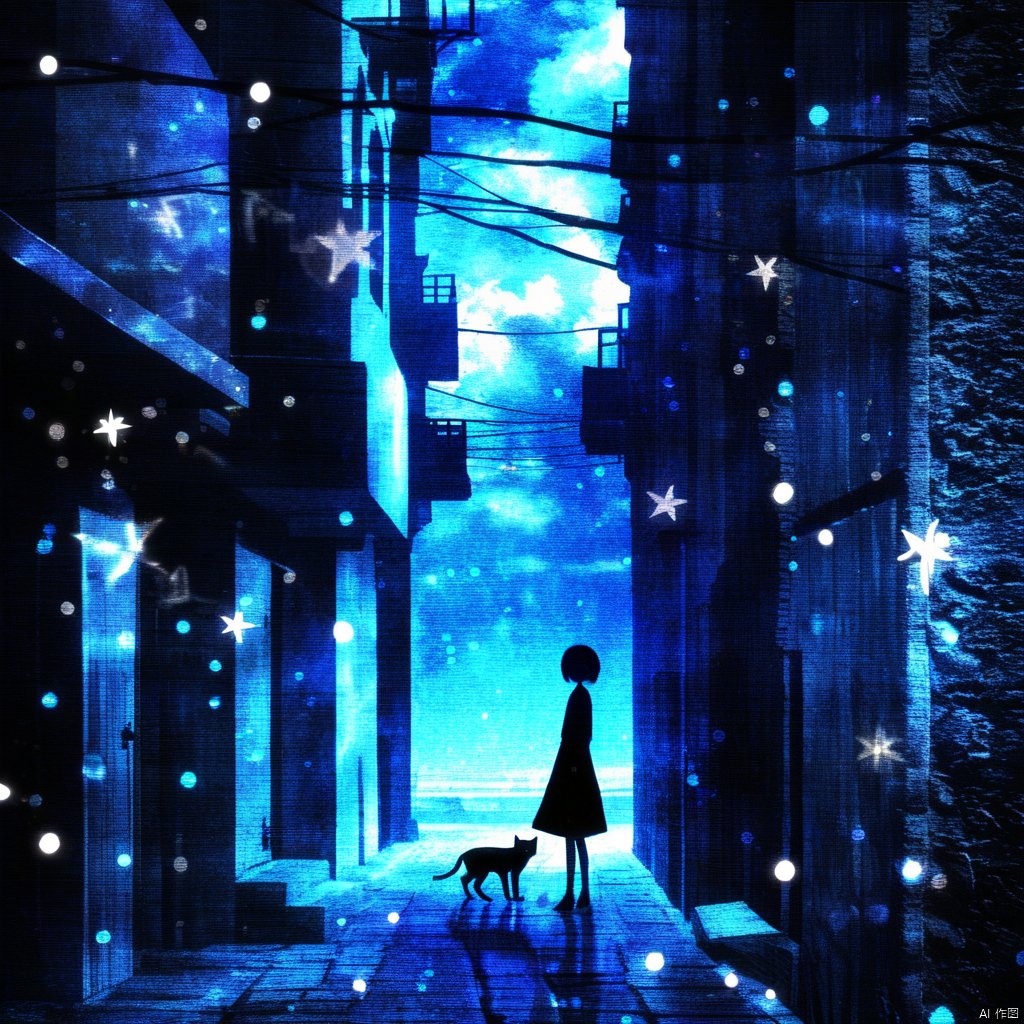 s-style, silhouette painting, ethereal ambiance, 1girl, solo, short hair, dress, standing, outdoors, sky, cloud, star \(symbol\), animal, cat, scenery, fish, blue theme, power lines, utility pole, a black silhouette of a girl, a black silhouette of a cat, wide shot, a serene and dreamlike urban setting at night., a narrow alleyway bordered by old buildings is illuminated by a soft blue glow, the alley is adorned with floating star-like particles, a black silhouette of a girl stand by a black silhouette of a cat, contemplative and ethereal, serene, dreamlike, urban setting, narrow alleyway, old buildings, soft blue glow, star-like particles, girl, dog, silhouette