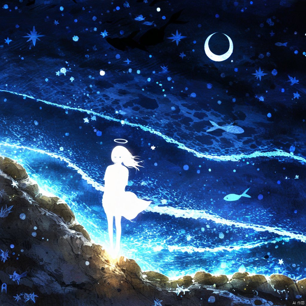 s-style, silhouette painting, ethereal ambiance, 1girl, blue theme, solo, dress, standing, outdoors, sky, white dress, night, glowing, halo, moon, star \(sky\), night sky, scenery, starry sky, silhouette, crescent moon, pillar, long hair, floating, fantasy, a white silhouette of a female figure, a serene nighttime scene, a white silhouette of a girl standing on a rocky terrain who has a halo around her, the sky is filled with stars and a crescent moon in the top right corner and there are fish swimming in the vast expanse of the cosmos. the entire scene is bathed in a deep blue hue, a dreamy and otherworldly ambiance, serene nighttime scene, silhouette of a female figure, halo around her head, stars, rocky terrain, fish swimming, deep blue hue