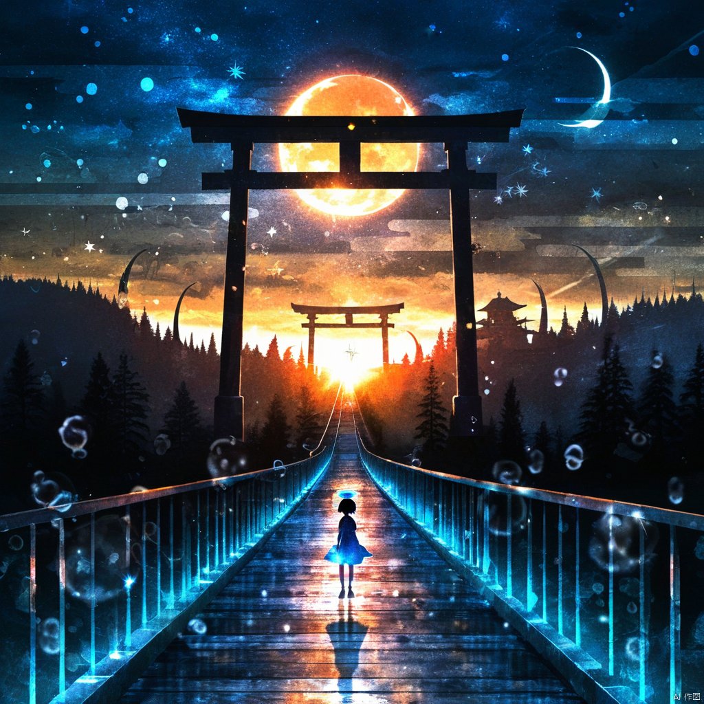 s-style, silhouette painting, ethereal ambiance, 1girl, cyan and orange theme, solo, short hair, black hair, dress, outdoors, sky, from behind, tree, night, moon, star \(sky\), scenery, starry sky, bubble, stairs, silhouette, torii, crescent moon, standing, star \(symbol\), a black and blue silhouette of a girl, halo, railing, a surreal and ethereal landscape., a black and blue silhouette of a girl with long hair who is wearing a blue dress, standing on a bridge that seems to lead to a glowing otherworldly city, the city is illuminated by a radiant light of sunrise with structures that resemble traditional japanese torii gates  above the city, a crescent moon surrounded by stars and celestial bodies, the sky is painted with hues of blue and purple and orange, a sunrise, a dreamy atmosphere with floating orbs and bubbles adding to the magical ambiance