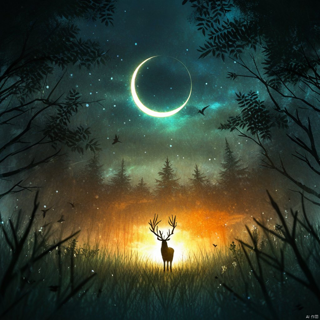 s-style, silhouette painting, ethereal ambiance, outdoors, sky, orange and cyan theme, tree, no humans, night, glowing, moon, grass, star \(sky\), nature, night sky, scenery, starry sky, silhouette, dark, antlers, crescent moon, deer, solo, forest, a mystical and enchanting nighttime forest scene, a large glowing crescent moon casting a soft light over the landscape, the forest is dense with trees and their branches intertwining and forming a canopy., the ground is covered with grass and small plants, and there are a few birds flying in the distance, a black silhouette of majestic stag with large antlers stands  illuminated by a golden light, the entire scene is bathed in a blend of cool and warm tones, a sense of wonder and magic, mystical, enchanting, nighttime, plants, birds, stag, golden light