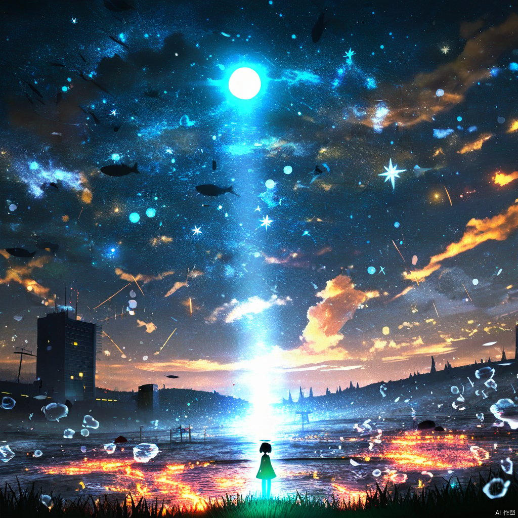 s-style, silhouette painting, ethereal ambiance, 1girl, solo, short hair, blue and orange theme, dress, outdoors, sky, cloud, water, night, glowing, halo, moon, star \(sky\), night sky, scenery, starry sky, city, fantasy, horizon, cityscape, surreal, black hair, standing, building, fish, a thick beam of light shot from the grass into the sky, a radiant blue moon in the sky surrounded by a myriad of stars and nebulae and other cosmic elements, there's a vast expanse of space filled with stars and a few celestial bodies, a mix of rocky terrain and magma, a silhouette of a child with a glowing green aura and glowing legs standing on the ground and  surrounded by bubbles which floating in the air, soft ethereal light