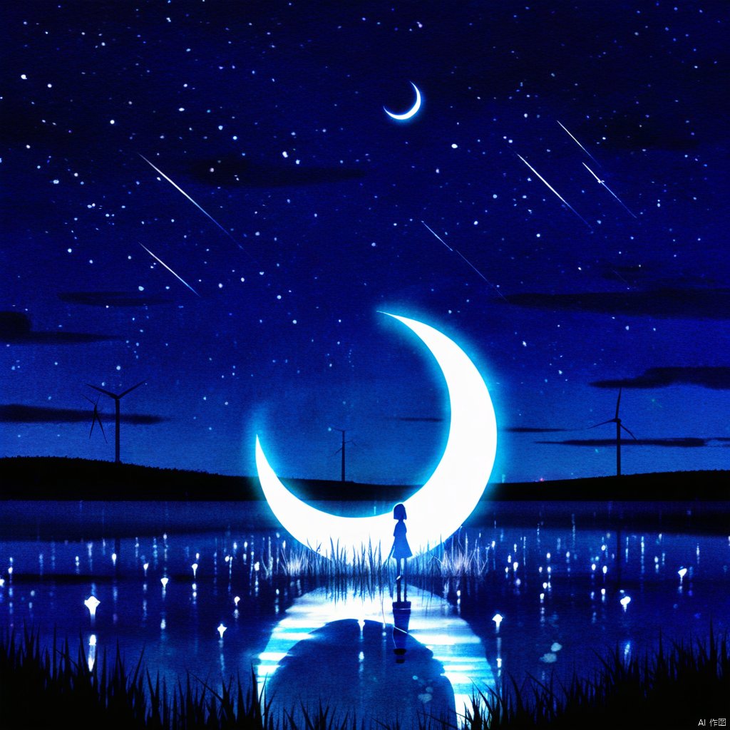 s-style, silhouette painting, ethereal ambiance, blue theme, 1girl, solo, outdoors, sky, water, no humans, night, moon, grass, star \(sky\), night sky, scenery, starry sky, horizon, silhouette, crescent moon, shooting star, a white silhouette of a girl, a serene nighttime landscape, the sky is filled with stars and there are shooting stars streaking across it, a glowing crescent moon reflecting its light on the water below. the water's surface is dotted with small lights, there's a white silhouette of a girl standing near the water's edge on the right side, the entire scene is painted in a deep blue hue, a dreamy and tranquil ambiance., stars, shooting stars, lights, person, painted in a deep blue hue