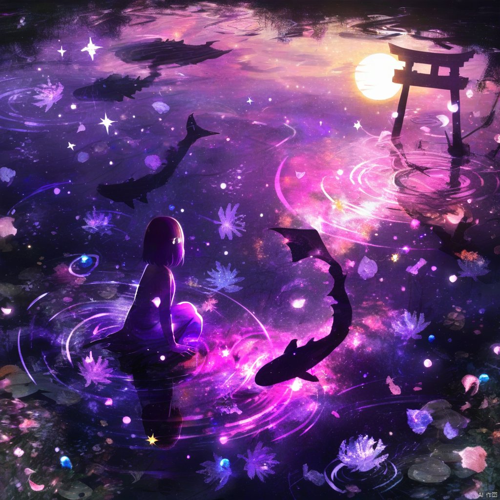 s-style, silhouette painting, ethereal ambiance, 1girl, purple theme, solo, water, scenery, reflection, ripples, blurry, petals, no humans, window, night, moon, a vibrant and ethereal scene dominated by hues of purple and pink and blue, a fantastical representation of a pond or water body with various elements floating and swirling around, there are colorful silhouettes of marine life, black silhouettes of whale, the water surface is reflected with luminous orbs and stars and other celestial elements and a torii and a crescent moon is visible in the bottom right corner, a magical and dreamy ambiance.