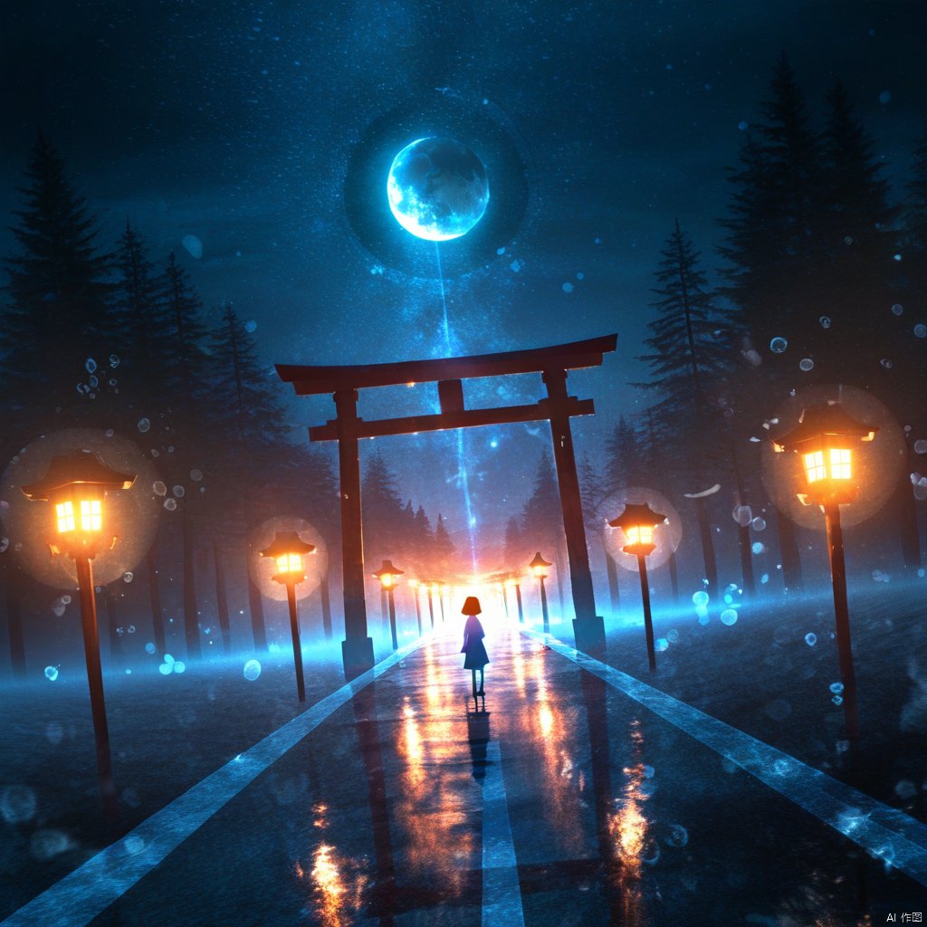 s-style, silhouette painting, ethereal ambiance, outdoors, blue and orange theme, sky, tree, no humans, night, moon, star \(sky\), night sky, scenery, starry sky, bubble, lantern, road, torii, crescent moon, lamppost, nature, forest, a serene and mystical nighttime scene., a silhouette of a girl  stands on a wet pathway gazing up at a large and glowing crescent moon that hovers above a torii gate. the moon emits a soft blue illuminating the surrounding area, the pathway is flanked by traditional japanese lanterns that emit a warm light orange glow, the sky is filled with stars and various floating particles or debris, ranquility and wonder, serene, mystical, nighttime, lone figure, glowing crescent moon, torii gate, traditional japanese lanterns, wet pathway, stars, floating particles or debris