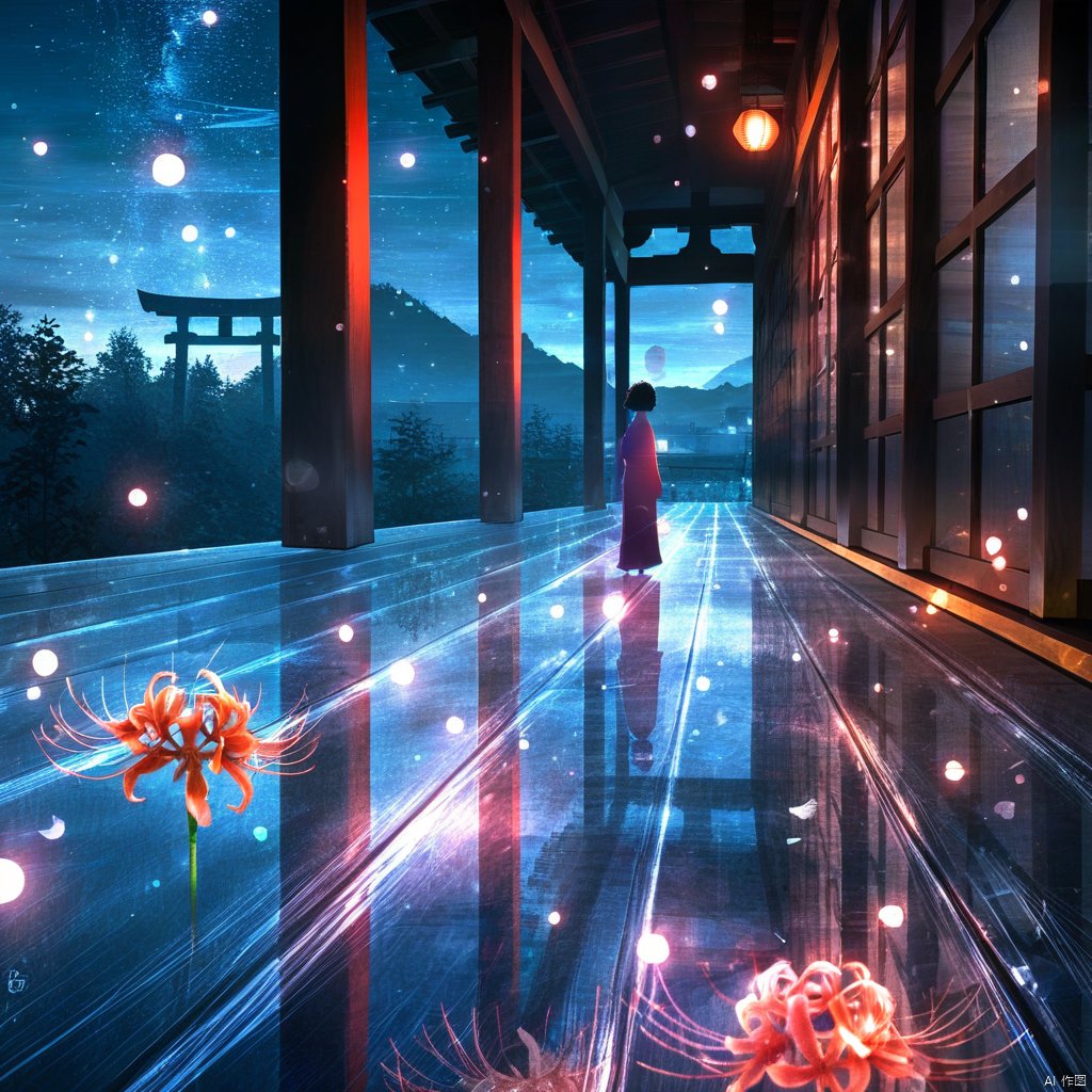 s-style, silhouette painting, ethereal ambiance, 1girl, blue and red theme, solo, standing, flower, sky, petals, night, scenery, bubble, torii, spider lily, japanese clothes, light particles, lantern, architecture, the image portrays a serene nighttime scene, in a traditional japanese setting, a wooden torii gate stands prominently flanked by tall pillars, the ground is covered with a transparent surface, the sky is filled with stars, there are floating petals of light, there's a modern building with large windows, a silhouette of a girl stands in the distance gazing at the sky, torii gate, pillars, stars, floating orbs, modern building, lone figure