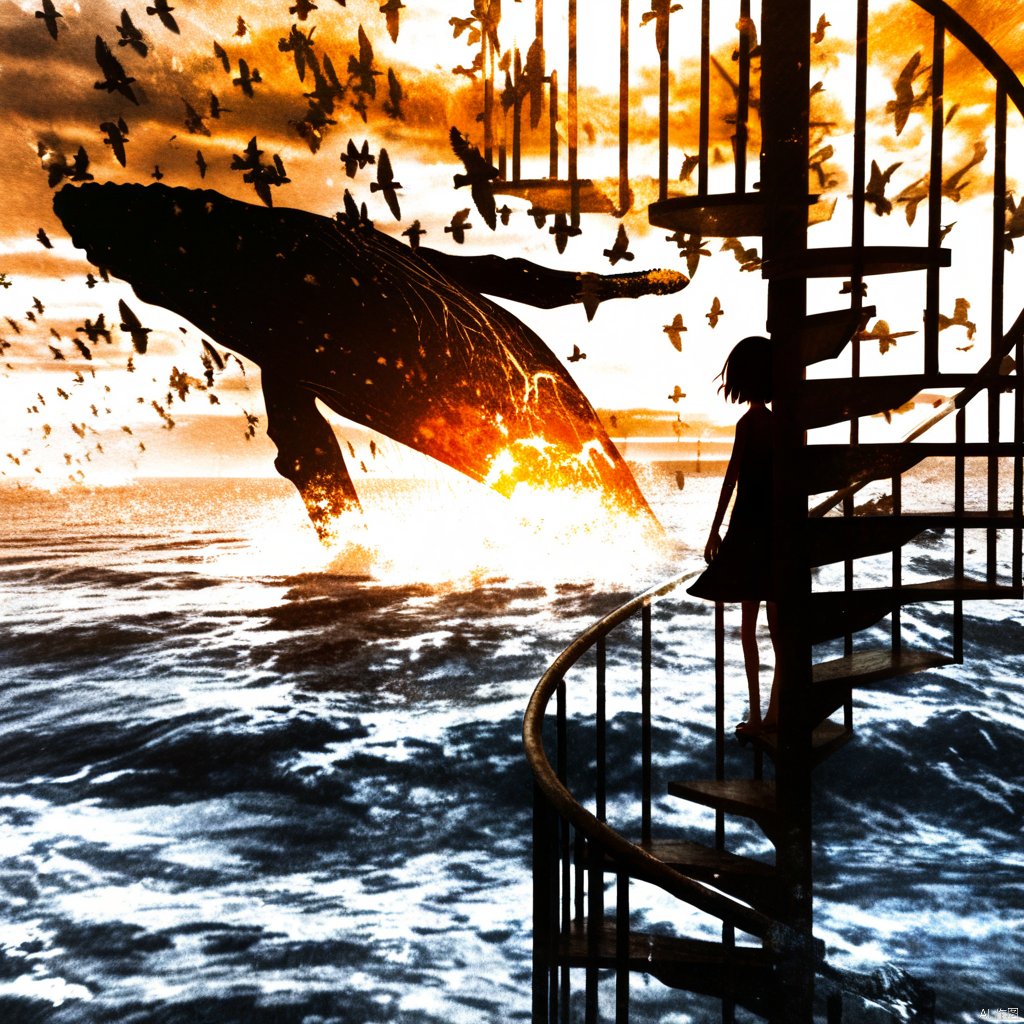 s-style, silhouette painting, ethereal ambiance, orange theme, 1girl, solo, short hair, dress, standing, outdoors, water, scenery, silhouette, whale, a black silhouette of a girl, shadow, railing, surreal, a surreal and dramatic scene set against a backdrop of a vast and turbulent sea, a black and orange silhouette of a massive whale, creating a shimmering effect, a black silhouette of a girl stands on a spiral staircase on the right, gazing out at the sea, the sky is filled with birds which is possibly seagulls and flying in various directions, intense, sea, staircase, birds