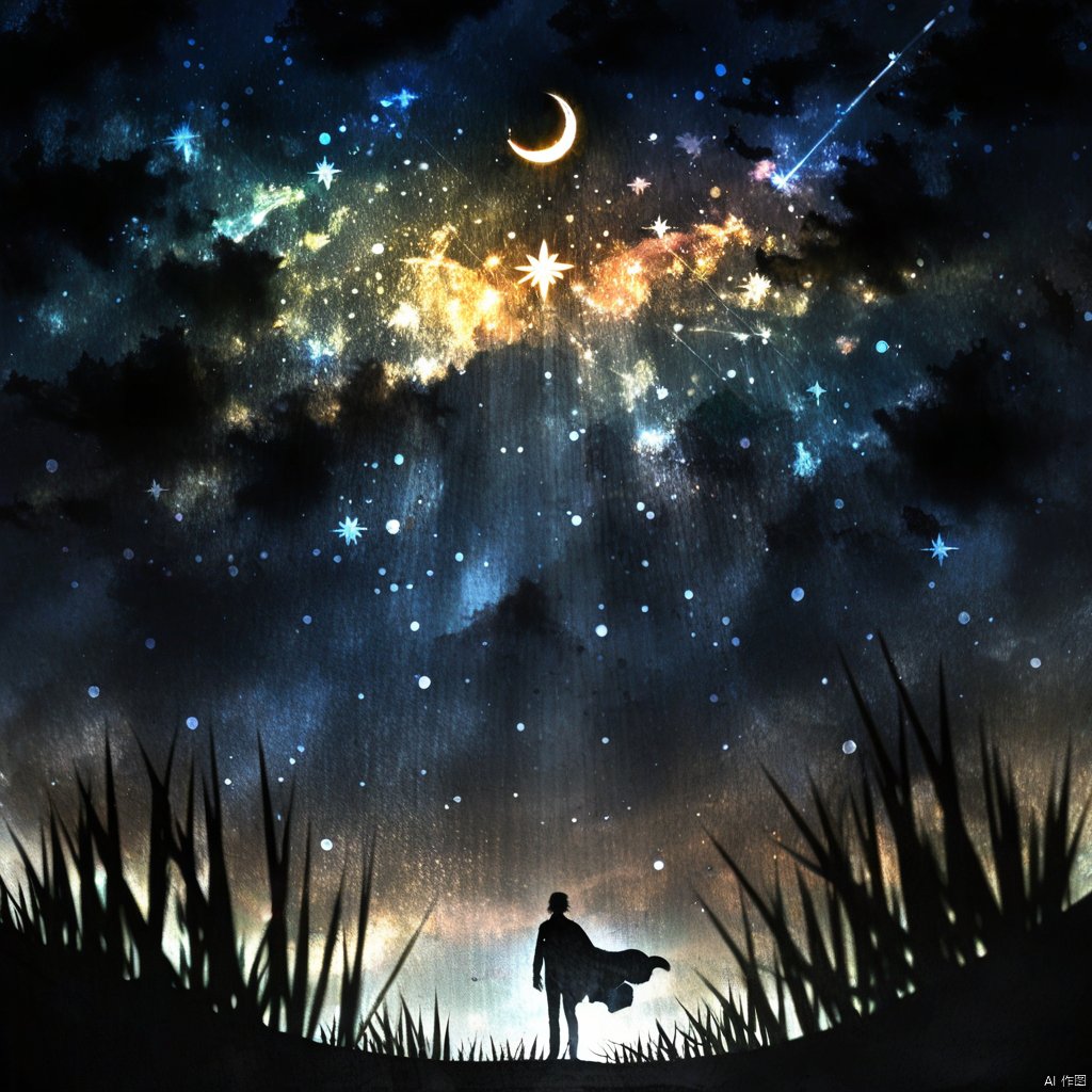 s-style, silhouette painting, ethereal ambiance, solo, 1boy, standing, outdoors, tree, night, moon, star \(sky\), nature, night sky, scenery, starry sky, silhouette, a black silhouette of a person, dark, crescent moon, from behind, shooting star, a breathtaking cosmic scene where a vast expanse of the universe is visible. the sky is filled with a myriad of stars and nebulae and a crescent moon., a black silhouette of a person stands in the foreground who is wearing a cloak, the ground is covered with tall grasses, serene and awe-inspiring., cosmic scene, vast expanse of the universe, silhouette of a person, grasses, ambiance