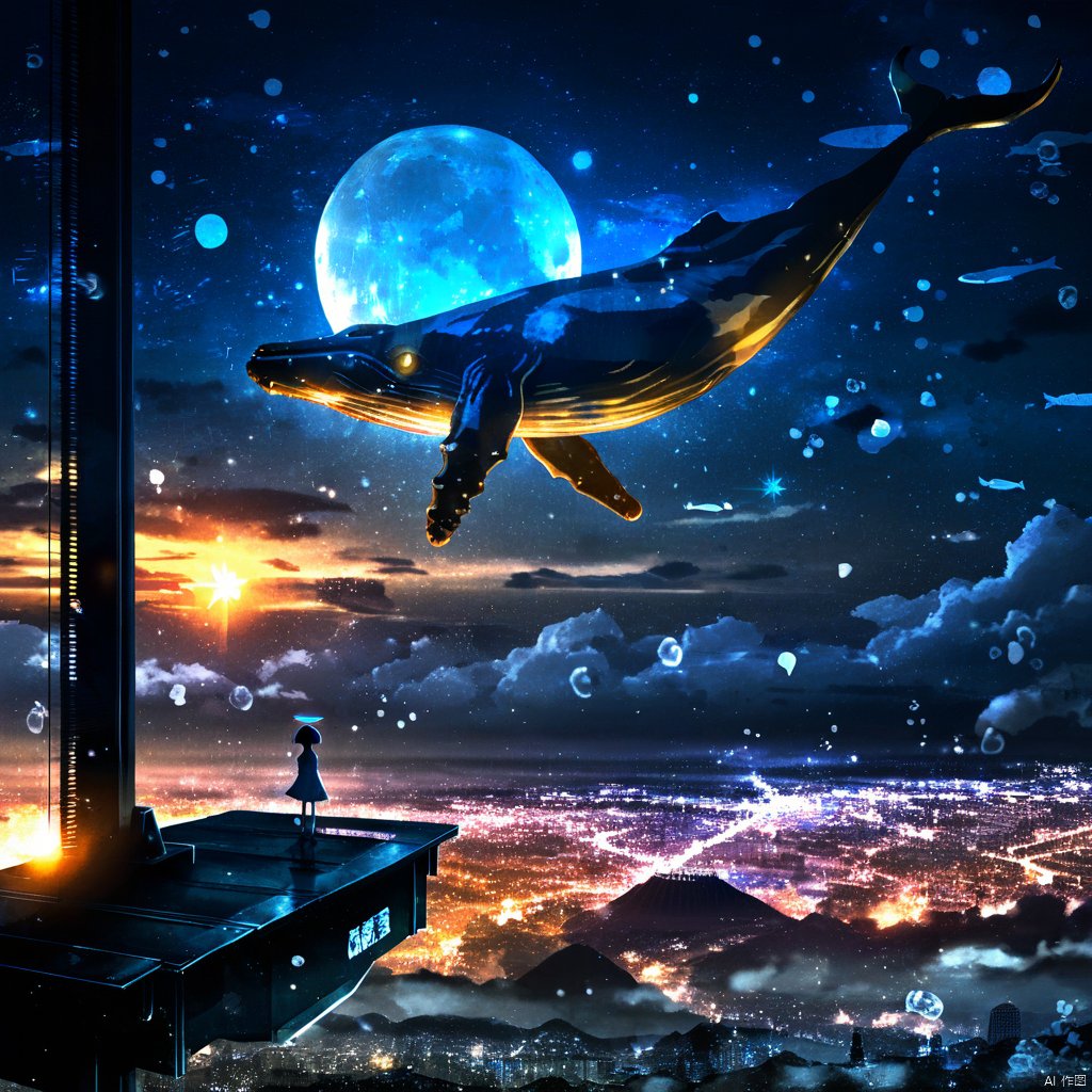 s-style, silhouette painting, ethereal ambiance, sky, blue and orange and dark theme, star \(symbol\), no humans, night, building, star \(sky\), scenery, 1girl, city lights, whale, cloud, moon, night sky, starry sky, fish, bubble, city, cityscape, surreal, a surreal and futuristic nighttime scene, a large metallic platform with a  black silhouette of a girl standing on it gazing out at the vast expanse below, the platform is elevated and appears to be connected to a tall and slender tower, a blue and oragnge silhouette of a massive whale floating in the sky which has been transformed into a floating city. this city is adorned with various structures including domes and other architectural marvels, the city below is illuminated with a myriad of lights and suggesting a bustling urban environment, the sky is filled with stars and countless celestial bodies, including a large bright moon, wonder and mystery and awe, platform, tower, domes, architectural marvels, stars, atmosphere