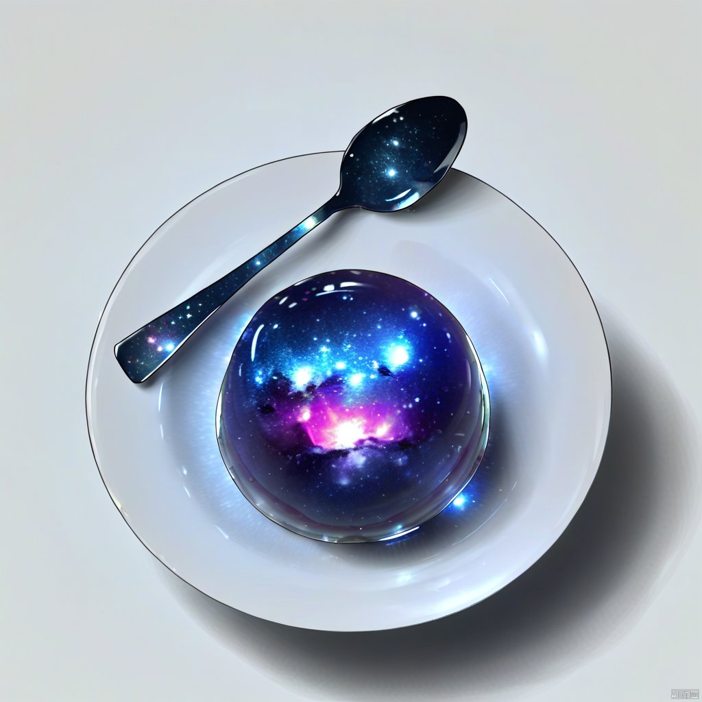 s-style, silhouette painting, ethereal ambiance, blue and purple theme, simple background, white background, food, no humans, star \(sky\), plate, starry sky, spoon, food focus, still life, dessert, pudding, galaxy, night sky, reflection, saucer, a bowl containing a pudding that resemble a galaxy. the pudding is vibrant with hues of colorful with shimmering specks that mimic stars., a spoon is placed next to the bowl, reflecting the pattern of the starry sky, bowl, gelatinous substance, shimmering specks, background