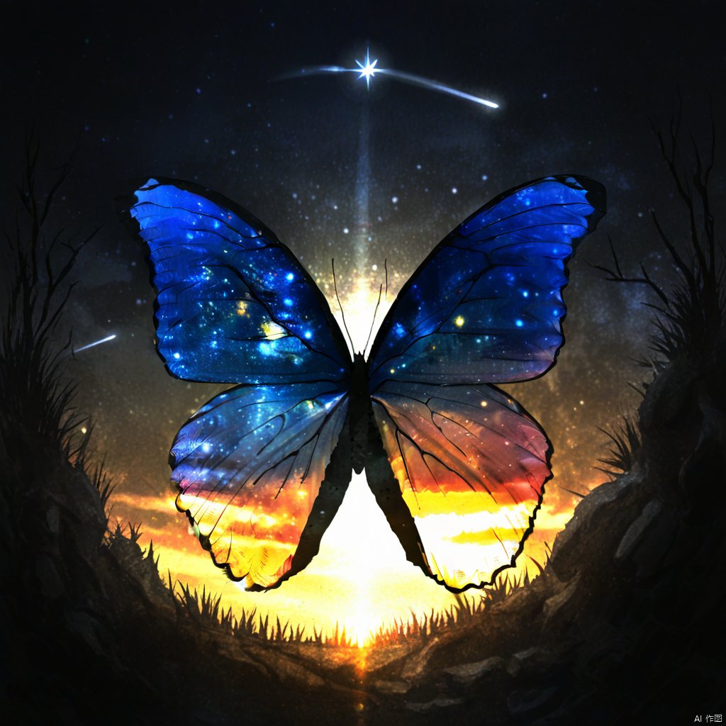 s-style, silhouette painting, ethereal ambiance, outdoors, blue and orange theme, wings, sky, no humans, butterfly, nature, scenery, forest, sunset, silhouette, butterfly wings, star \(sky\), starry sky, a brightly colored fluorescent butterfly with wings showing a cosmic scene and a black body, the upper part of the wings is blue like the starry sky and the lower part is orange like the sunset., the background is dark which possibly representing a tree or a rocky surface and is adorned with sparkling stars and a bright shooting star, image, translucent material, cosmic scene, galaxy or nebula, dark background, sparkling stars, bright shooting star