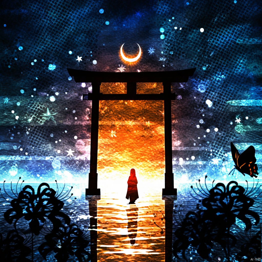 s-style, silhouette painting, ethereal ambiance, 1girl, solo, blue and orange theme, standing, japanese clothes, sky, water, tree, night, moon, bug, scenery, silhouette, torii, crescent moon, star \(sky\), a black silhouette of a person, nature, starry sky, a serene and mystical night scene, a black and orange silhouette of a person standing in front of a large and ornate torii gate which is illuminated from the inside casting a warm and golden glow, the silhouette of  the person is dressed in traditional attire which is possibly a kimono, the background is filled with a mesmerizing blend of colors and predominantly blues and purples which representing the night sky., there are numerous stars scattered throughout, and a crescent moon is visible in the center, the water below reflects the colors of the sky, there's a silhouette of a butterfly on the right side, serene, mystical, night scene, torii gate, golden glow, traditional attire, stars, butterfly