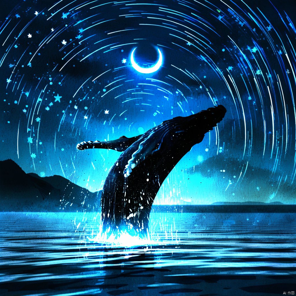 s-style, silhouette painting, outdoors, sky, water, no humans, majestic, night, animal, moon, star \(sky\), night sky, scenery, starry sky, reflection, blue theme, crescent moon, a black silhouette of majestic whale, a breathtaking of nighttime scene over a body of water, a silhouette of majestic whale seemingly leaping out of the water, the ilhouette of whale is illuminated with a radiant blue glow, above the ilhouette of the ilhouette of whale the sky awash with a myriad of stars forming intricate patterns and trails. a crescent moon hangs in the sky, the water below reflects the stars and the moon, a mirror-like effect, nighttime scene, stars, ethereal ambiance