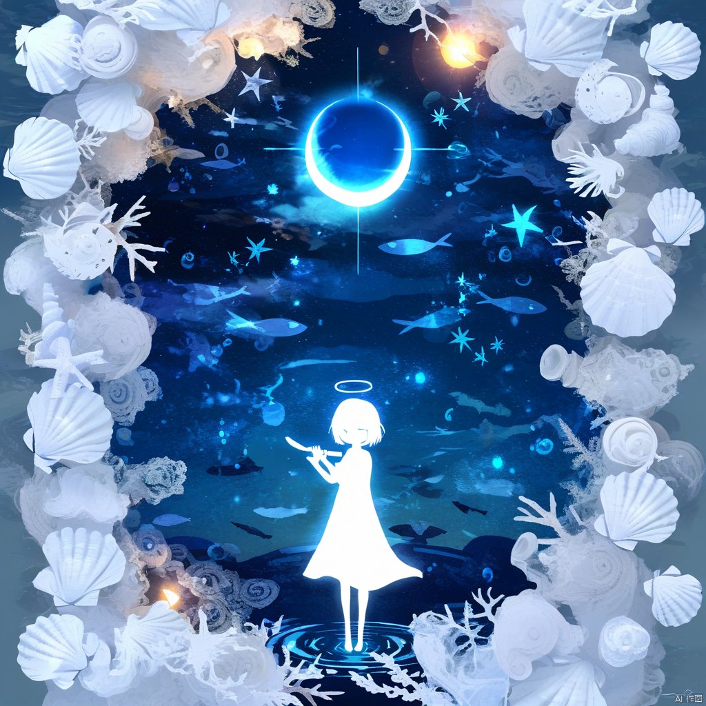 s-style, silhouette painting, ethereal ambiance, blue theme, 1girl, solo, short hair, dress, standing, halo, outstretched arms, fish, spread arms, silhouette, pillar, surreal, column, star \(symbol\), moon, star \(sky\), planet, a celestial scene, a white silhouette of a girl standing amidst a myriad of seashells and marine life. the girl is dressed in a white dress and has a halo above her head. she holds a small glowing orb in her hand, the background is a deep blue and filled with stars and a crescent moon and a radiant celestial body., the entire scene is framed by intricate patterns of seashells and marine life, creating a dreamy and ethereal atmosphere., celestial scene, white silhouette of a girl, myriad of seashells and marine life, glowing orb, deep blue, crescent moon, radiant celestial body