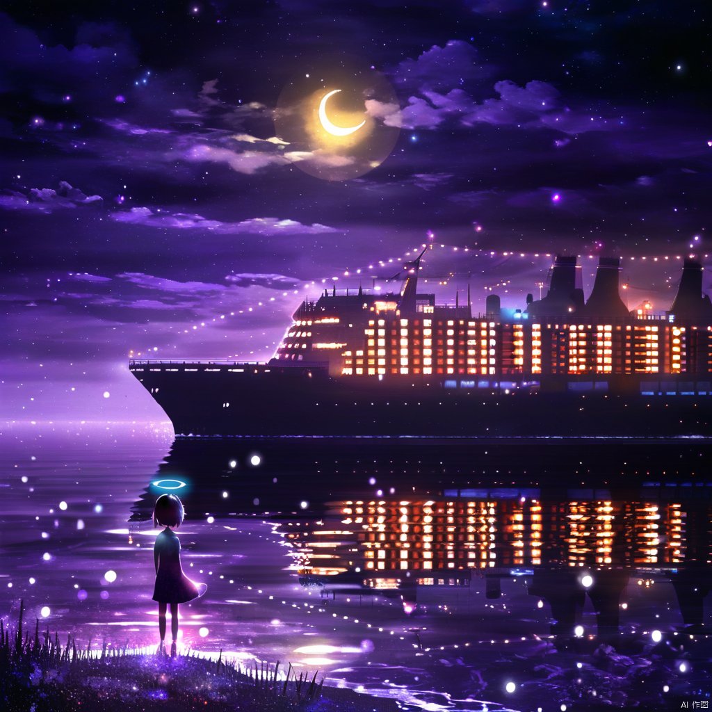 s-style, silhouette painting, ethereal ambiance, 1girl, purple theme, solo, short hair, dress, standing, outdoors, sky, cloud, water, night, halo, moon, star \(sky\), night sky, scenery, starry sky, crescent moon, building, reflection, city, fantasy, city lights, a serene nighttime scene by a body of water., the sky is painted with hues of purple and blue and a crescent moon. the water reflects the colors of the sky and the lights from the ship, a purple and black silhouette of a girl stands by the water's edge on the left gazing at the ship., she wears a dress and has a glowing headpiece, the ship illuminated with lights, a large vessel with multiple decks, the entire scene is bathed in a magical ambiance, sparkles and particles floating in the air, body of water, ship, girl, headpiece, decks, magical ambiance, sparkles, particles