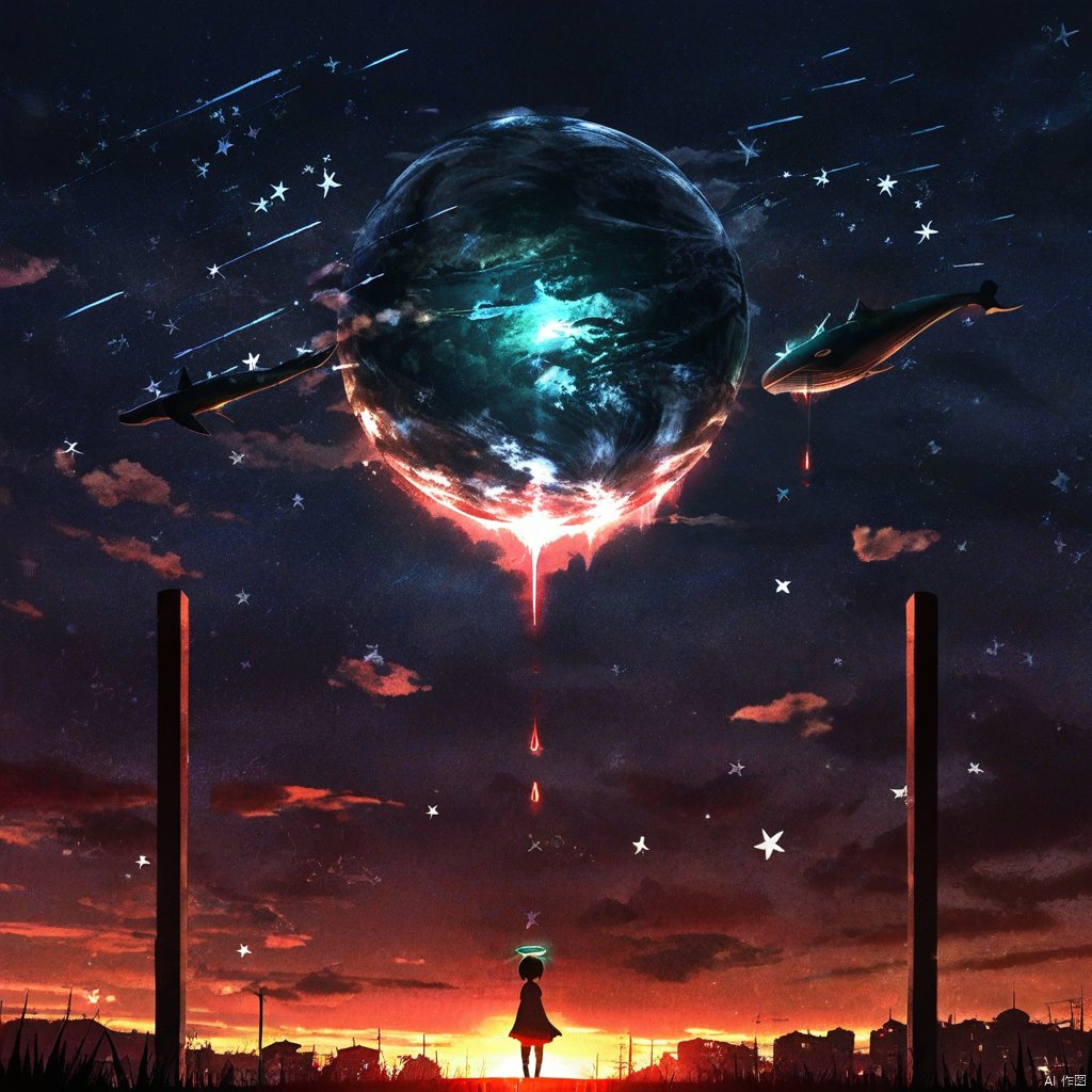 s-style, silhouette painting, ethereal ambiance, 1girl, solo, dark and orange theme, short hair, outdoors, sky, cloud, star \(symbol\), halo, moon, star \(sky\), scenery, starry sky, fantasy, silhouette, planet, surreal, whale, sunset, sun, a black silhouette of a girl, a surreal and ethereal night sky filled with stars and celestial bodies and otherworldly creatures., a large glowing planet that appears to be in the process of breaking apart or exploding., the planet is dripping red glowing liquid illuminating the surrounding area, a black silhouette of a girl with a halo-like aura  in the foreground, standing on a platform with a glowing green halo. the person seems to be observing the celestial event, the horizon shows a cityscape with tall buildings, the sky is painted with hues of red, purple, and blue, creating a dramatic contrast., ethereal, night sky, stars, otherworldly creatures, large glowing planet, halo-like aura, platform, glowing green halo, cityscape, hues of red and purple and and blue