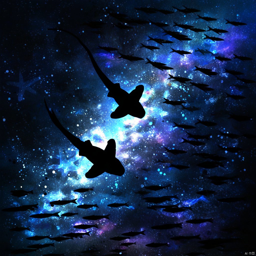 s-style, silhouette painting, ethereal ambiance, monochrome, sky, blue theme, no humans, night, star \(sky\), scenery, starry sky, fish, silhouette, moon, a black silhouette of a shark, night sky, a shark is swimming amidst a vast expanse of space., the background is a cosmic scene  which is vibrant blend of deep blues purples and hints of white which reminiscent of a galaxy or nebula, cosmic scene, vast expanse of space, galaxy or nebula, elongated body, tail, luminescent, wonder, universe