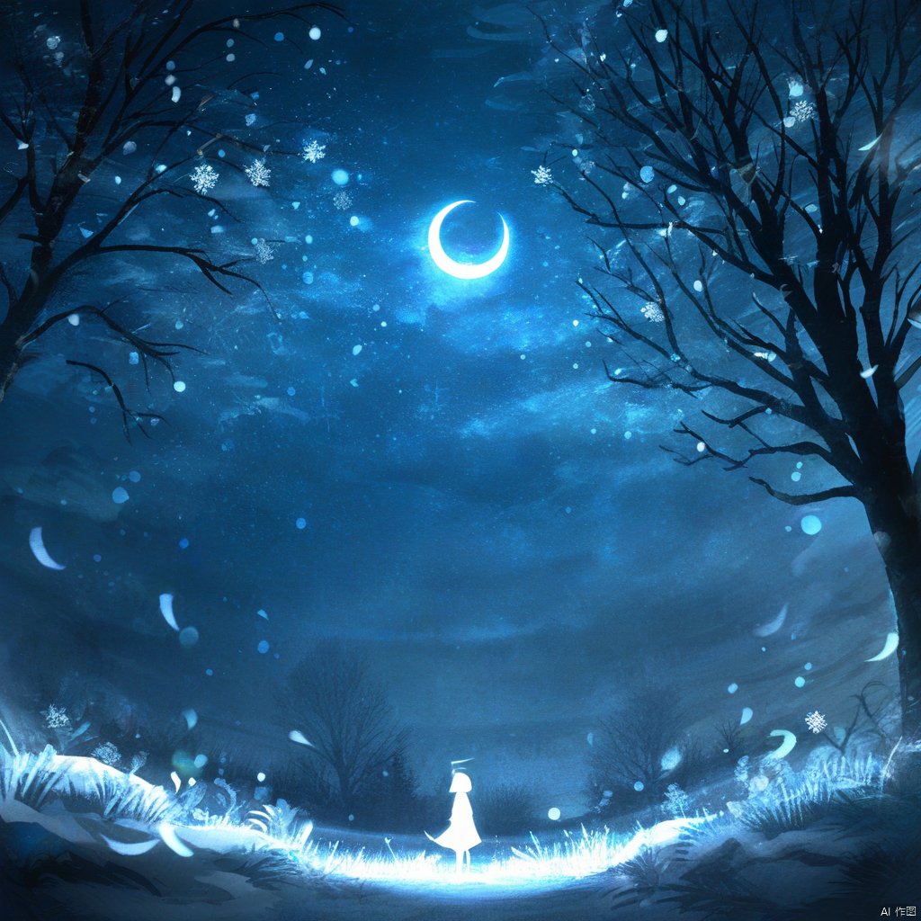 s-style, silhouette painting, ethereal ambiance, 1girl, solo, glowing, scenery, blue theme, silhouette, snowflakes, a white silhouette of a girl, night, moon, reflection, crescent moon, reflective ground, bare tree, a serene nighttime landscape, a large and leafless tree with intricate branches and snowflakes are scattered throughout the sky, a child figure stands near the tree's base which is gazing up at the celestial wonders. the overall color palette is dominated by shades of blue, cold and ethereal atmosphere., sky