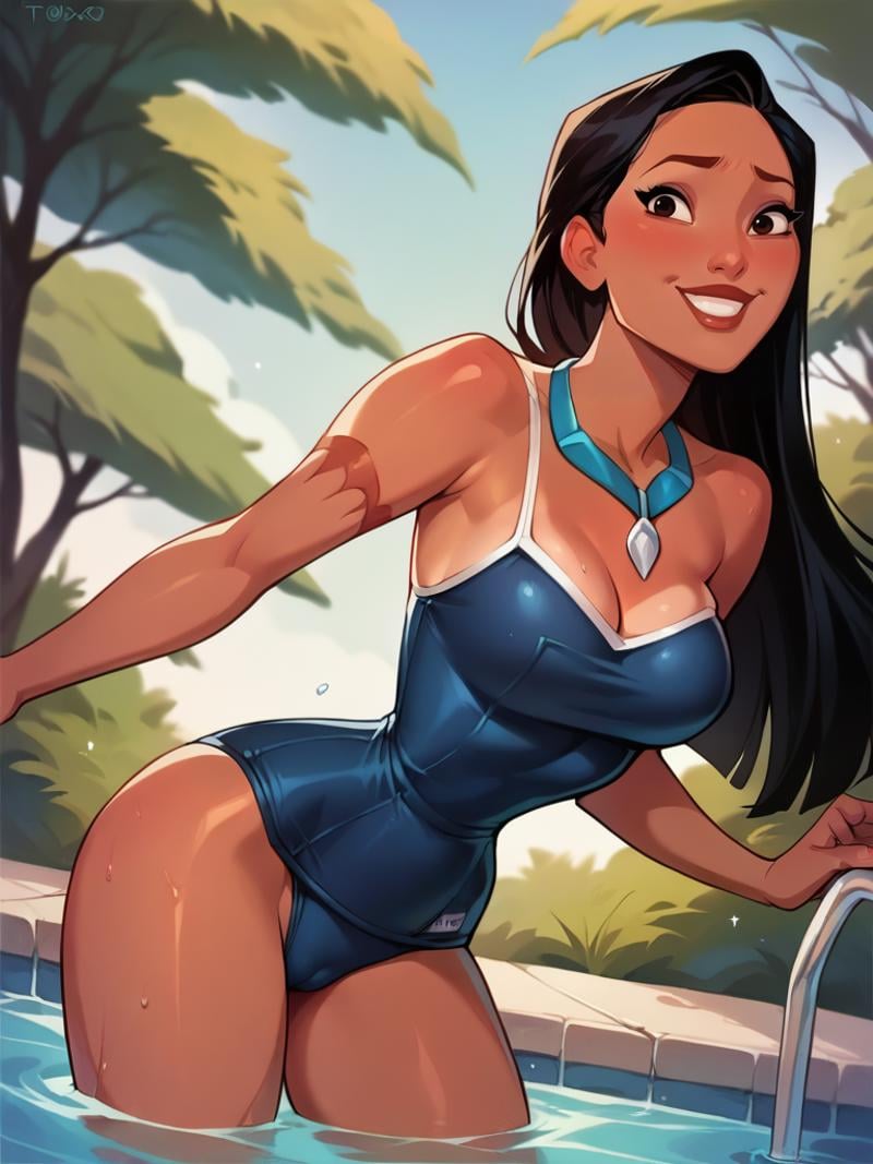 score_9, score_8_up, score_7_up, score_6_up, PocahontasXLP lay on tree, leaning forward, sexy pose, smile, nervous, dark skin, long hair, necklace, school swimsuit, cleavage, medium breasts, narrow waist, wide hips, thick thighs, looking at viewer, cowboy shot, cartoon, dynamic pose, smile, cute, wide shot, solo, pool, disney, dutch angle, realistic, cameltoe,  <lora:PocahontasXLP_character:1>