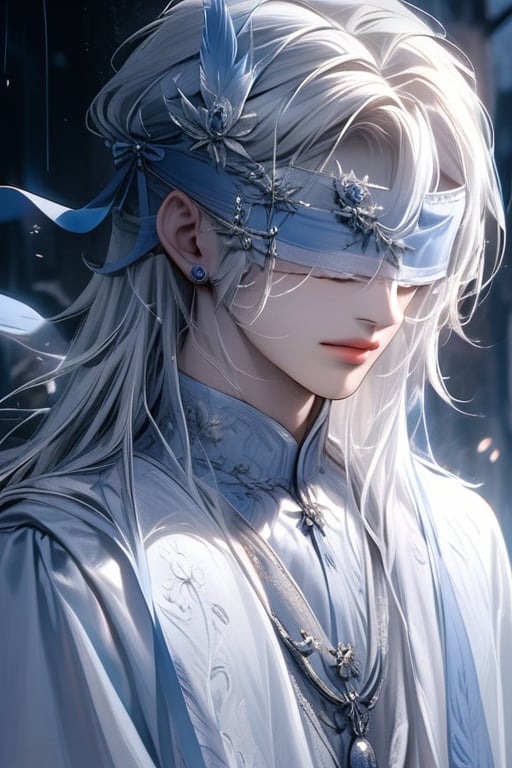 (WHITE_HAIRED_MALE:1.4) (blindfolded with silve_embroidere_ BLUE_silk_ribbon in front of his eyes:1.4), best quality, masterpiece, beautiful and aesthetic, 16K, (HDR:1.4), high contrast, (vibrant color:0.5), (muted colors, dim colors, soothing tones:1.3), Exquisite details and textures, cinematic shot, Cold tone, (Dark and intense:1.2), wide shot, ultra realistic illustration, siena natural ratio, (extreamly delicate and beautiful:1.2), 8K, (tmasterpiece, best:1.2), (LONG_WHITE_HAIR_MALE:1.4), (PERFECT SYMMETRICAL BLUE EYES:0), a long hair male, cool and determined, (White blindfolded:1.1) and intricate detailing, finely eye and detailed face, Perfect eyes, Equal eyes, Fantastic lights and shadows、finely detail,,wind,insanely NIGHT SKY,very long hair, hair_ornaments, long SILVER-WHITE hair, angle ,contour deepening,cinematic angle ,Enhance, jewelery,solo, short hair, 1boy, jewelry, upper body, white hair, male focus, earrings, lips, feathers, portrait, blindfold,BP